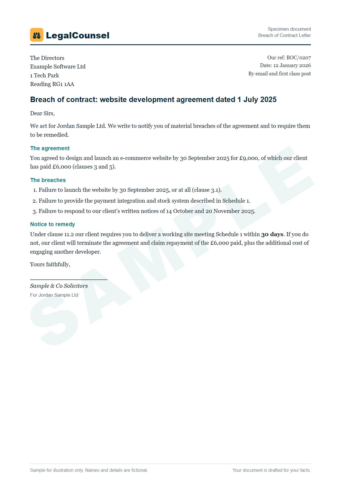 Sample Breach of Contract Letter prepared by our lawyers, with fictional names