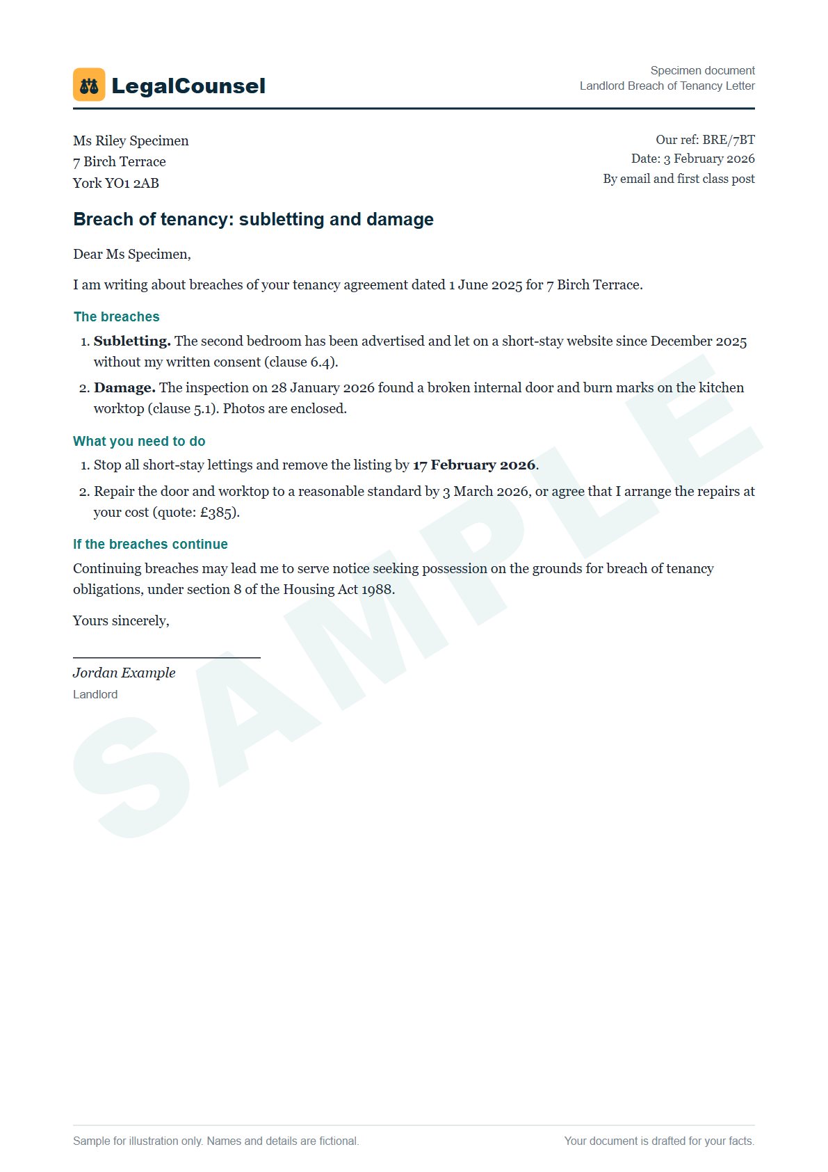 Sample Landlord Breach of Tenancy Letter prepared by our lawyers, with fictional names