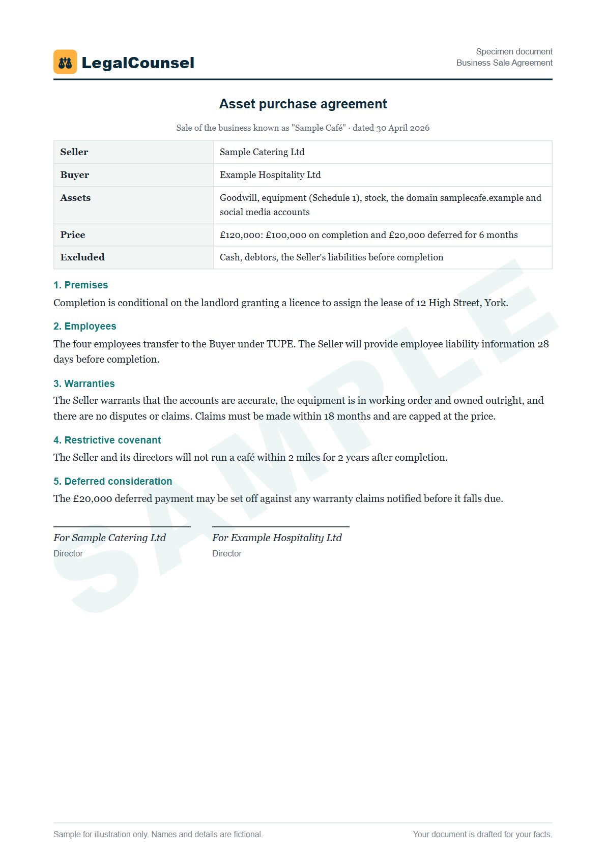 Sample Business Sale Agreement prepared by our lawyers, with fictional names