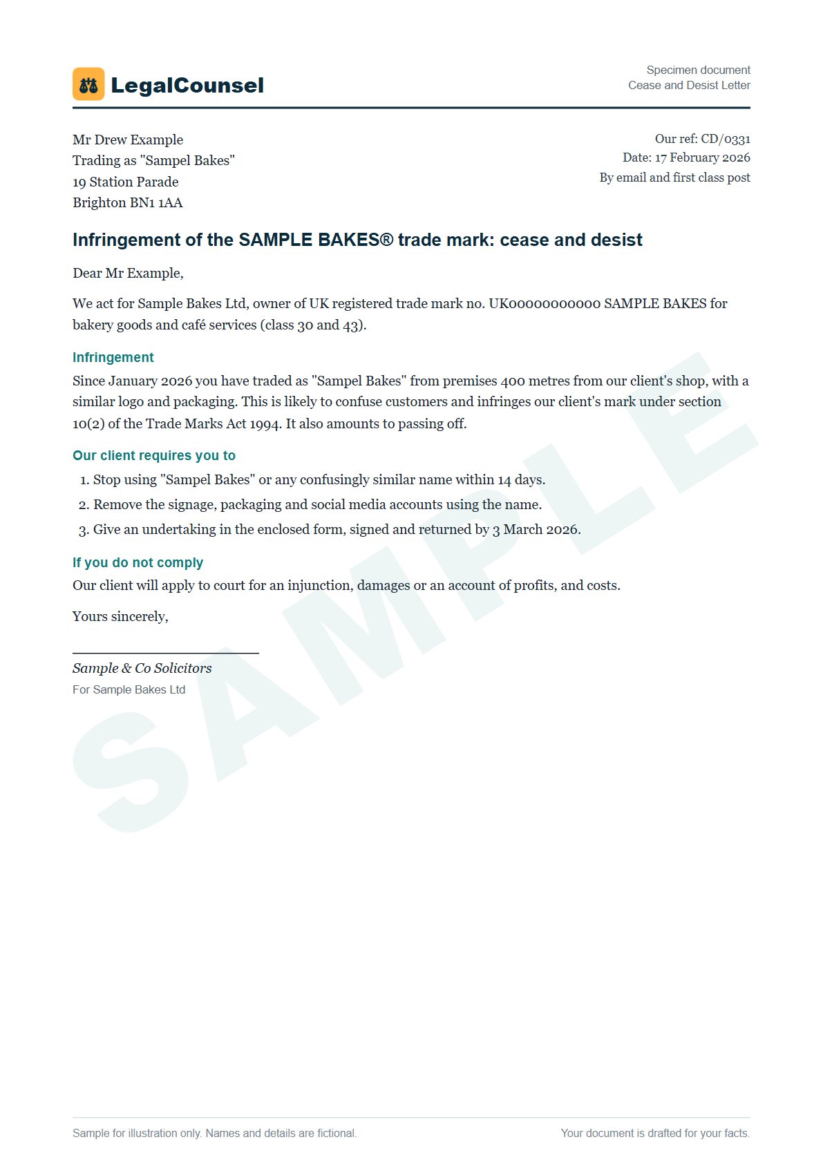 Sample Cease and Desist Letter prepared by our lawyers, with fictional names