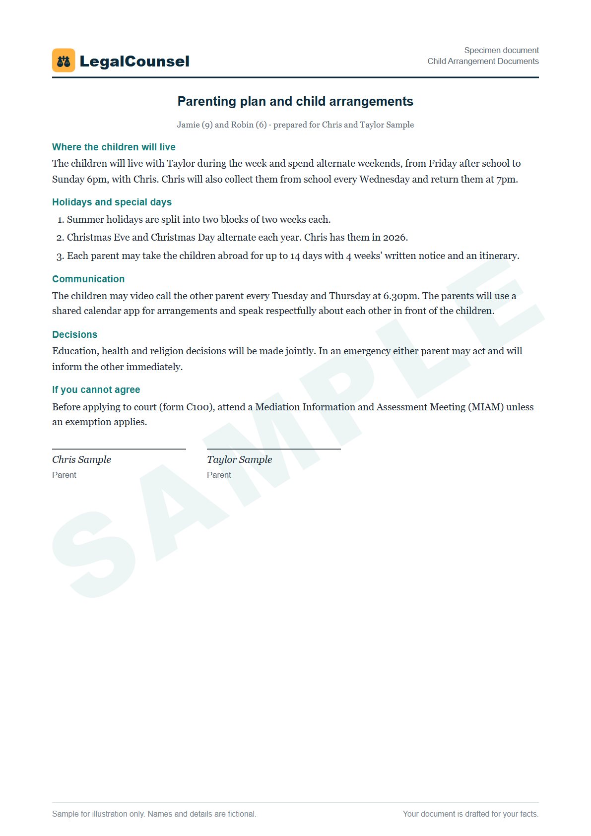 Sample Child Arrangement Documents prepared by our lawyers, with fictional names