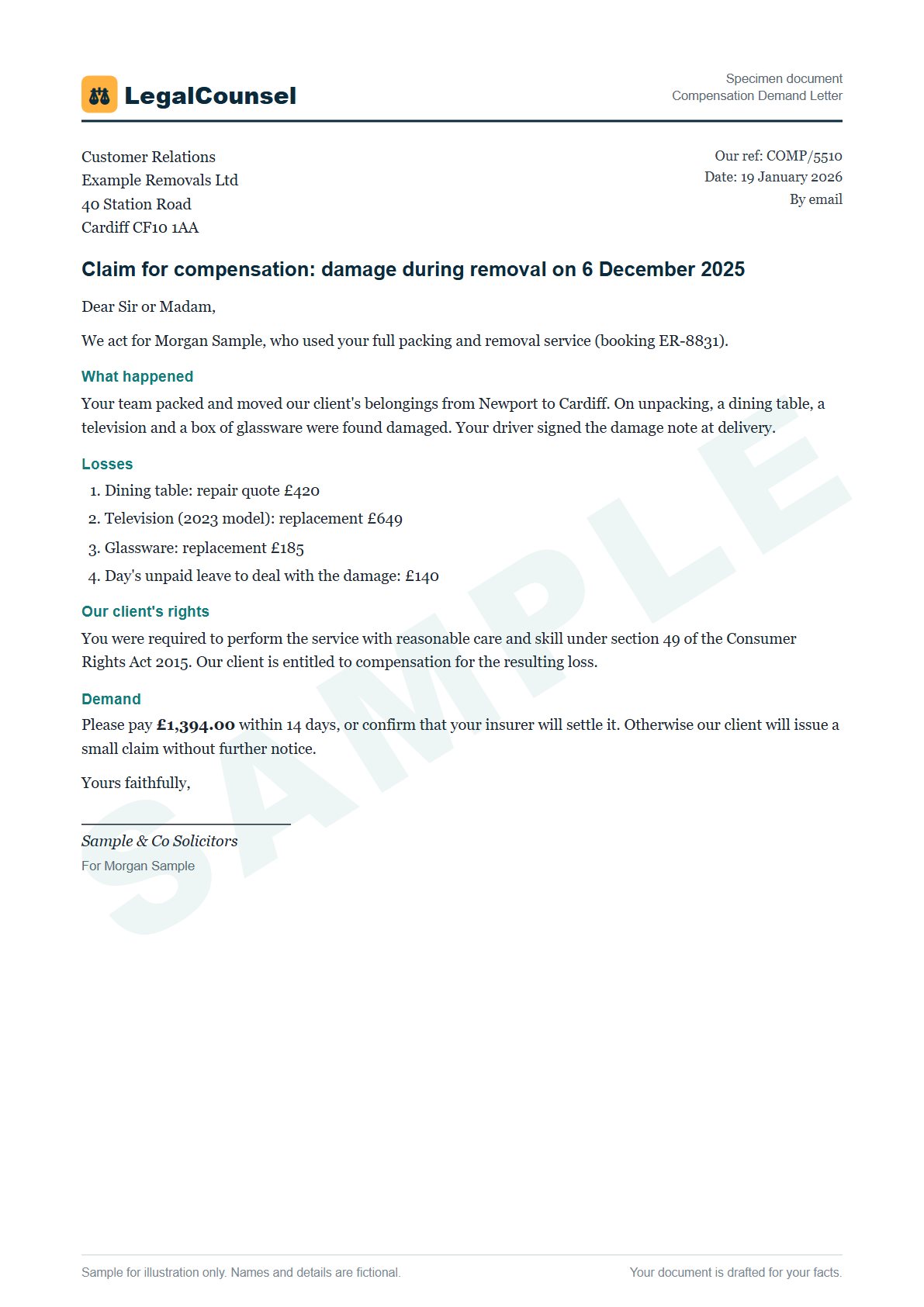 Sample Compensation Demand Letter prepared by our lawyers, with fictional names