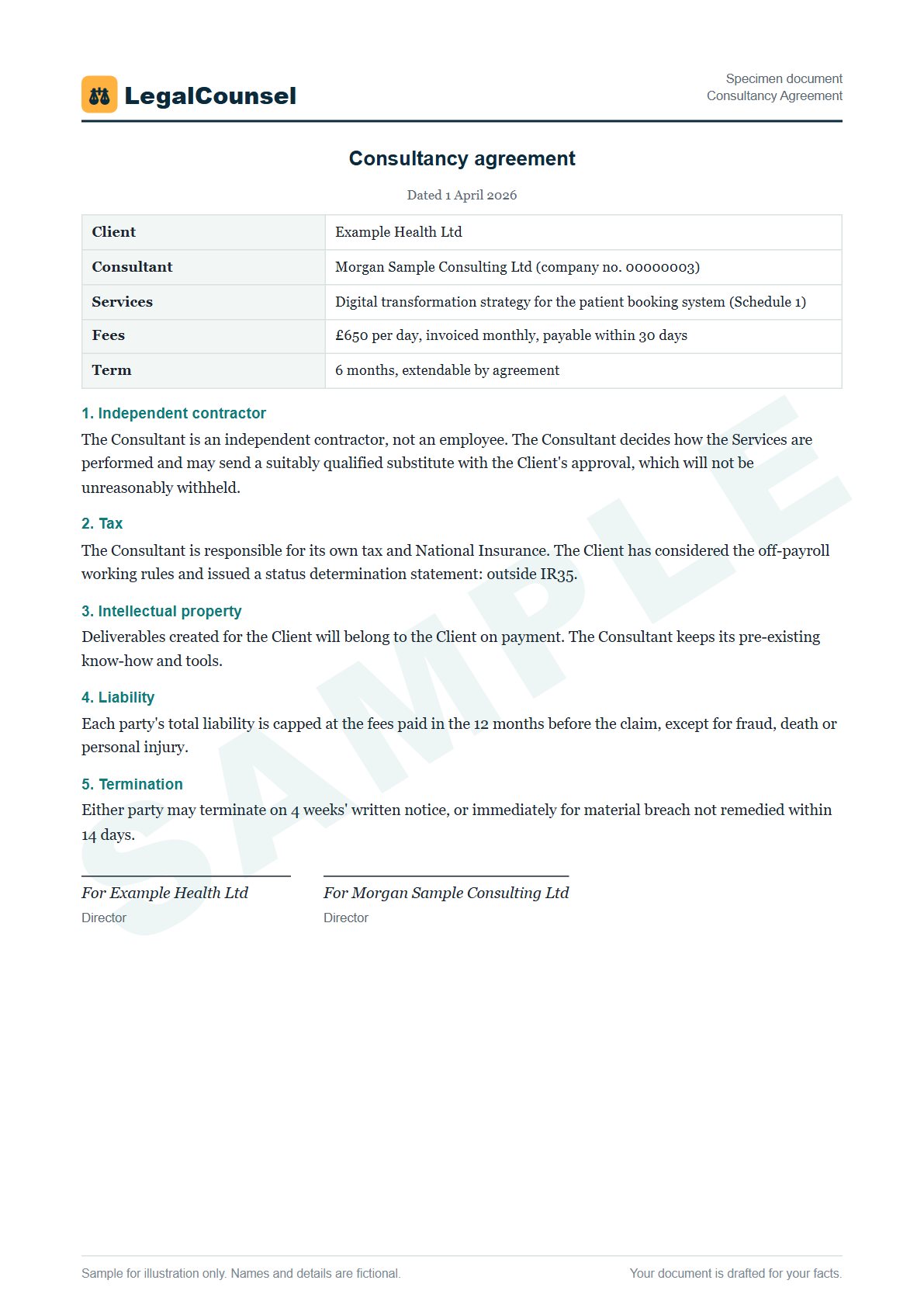 Sample Consultancy Agreement prepared by our lawyers, with fictional names