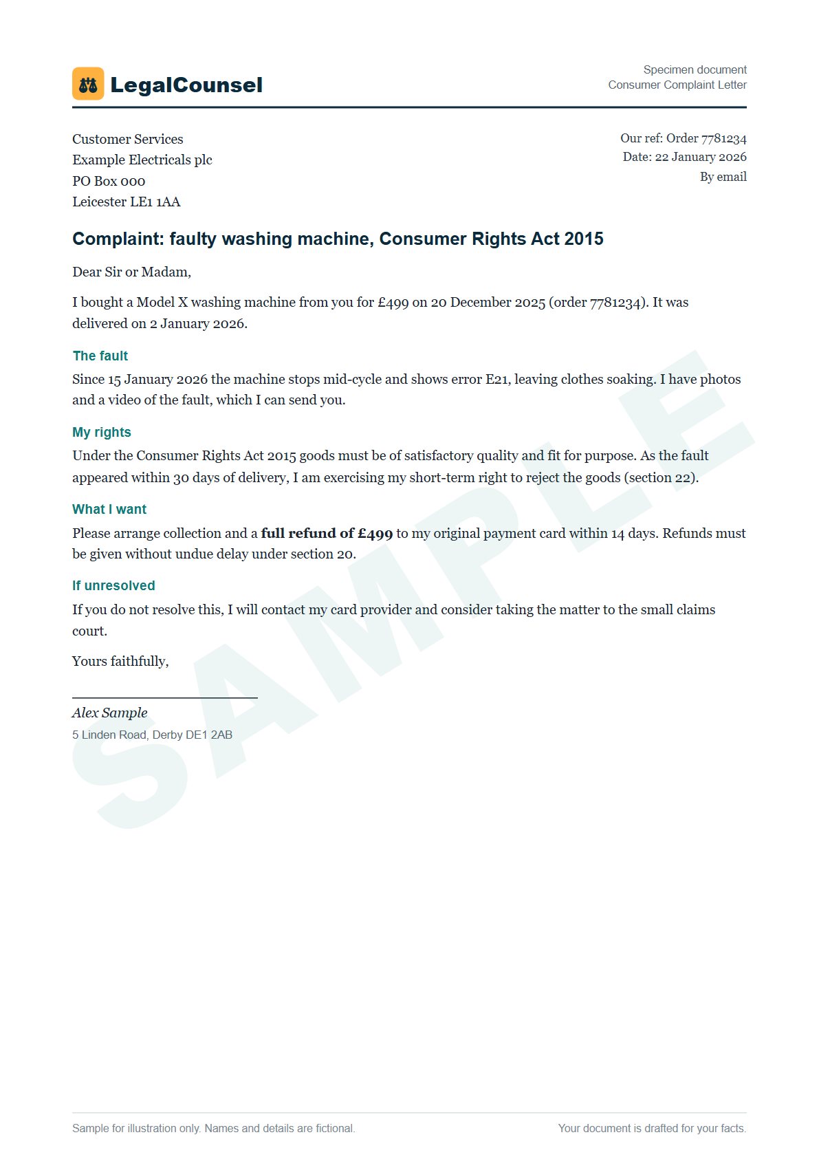 Sample Consumer Complaint Letter prepared by our lawyers, with fictional names