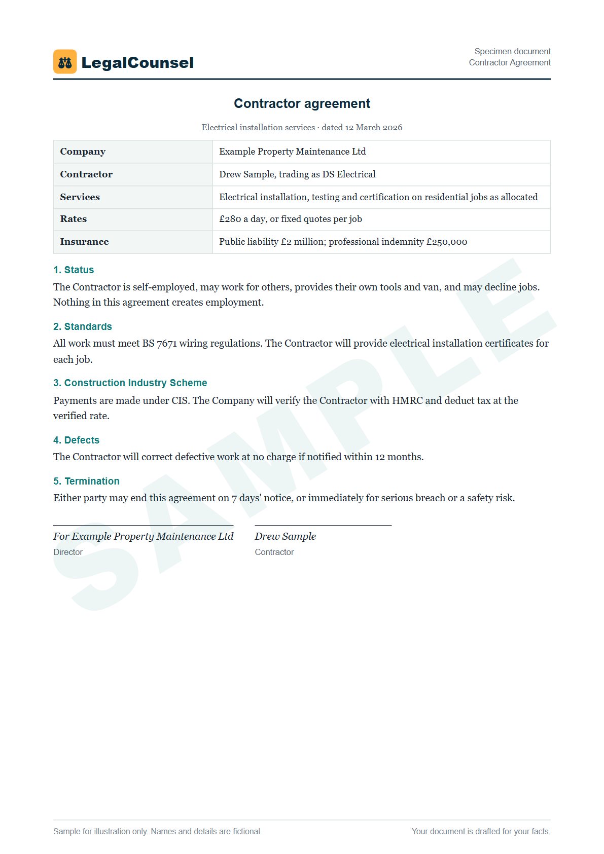 Sample Contractor Agreement prepared by our lawyers, with fictional names