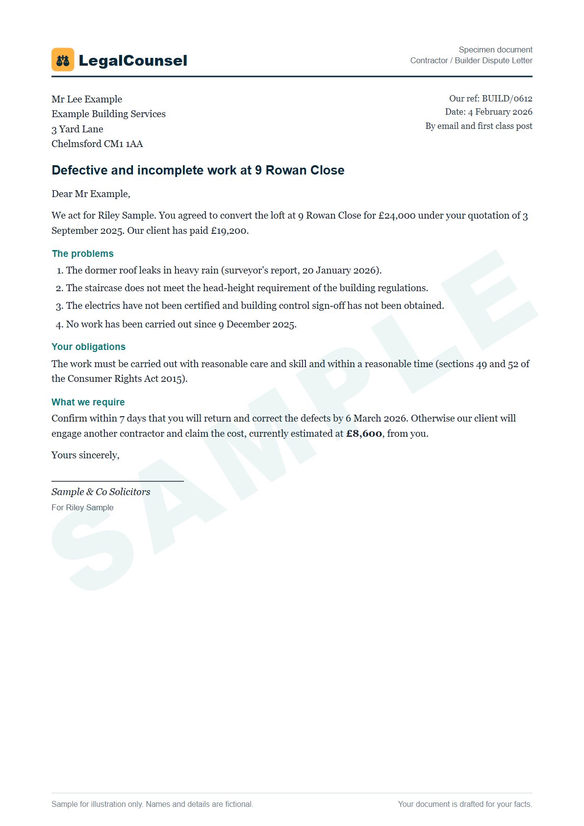 Sample Contractor / Builder Dispute Letter prepared by our lawyers, with fictional names