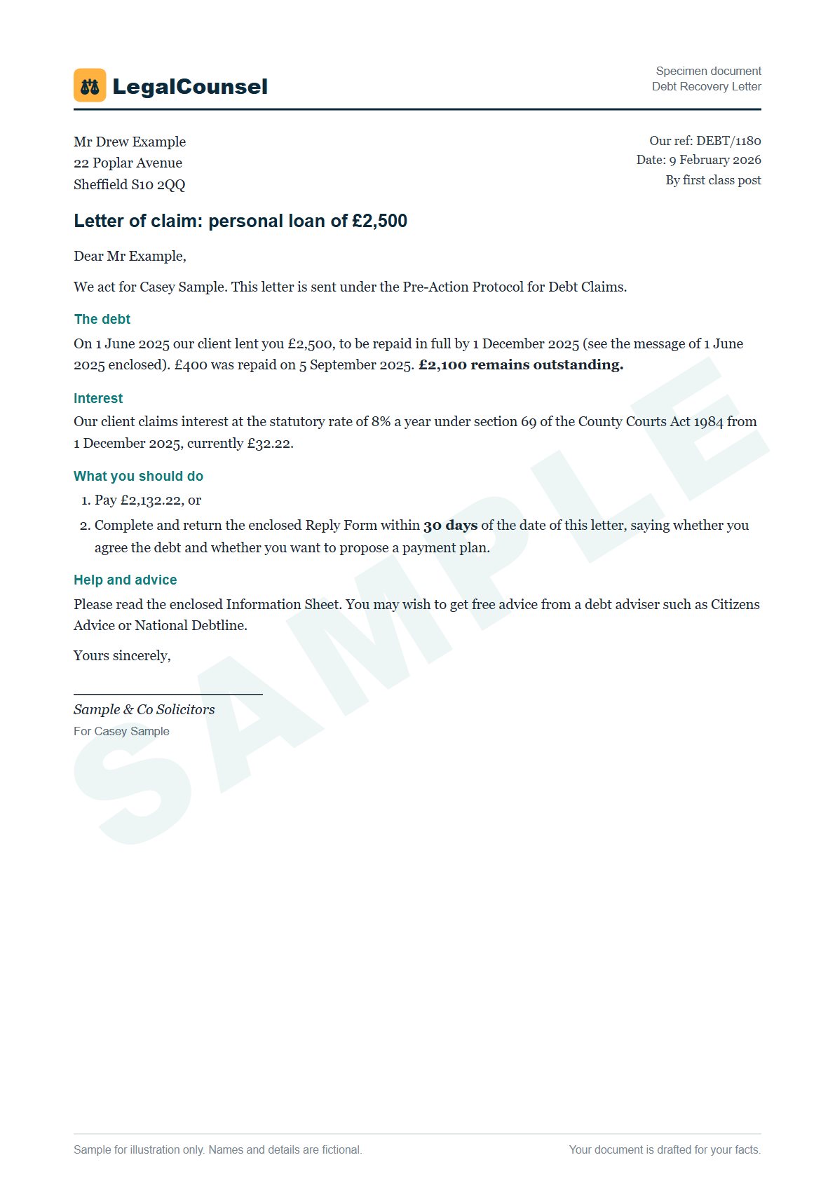 Sample Debt Recovery Letter prepared by our lawyers, with fictional names