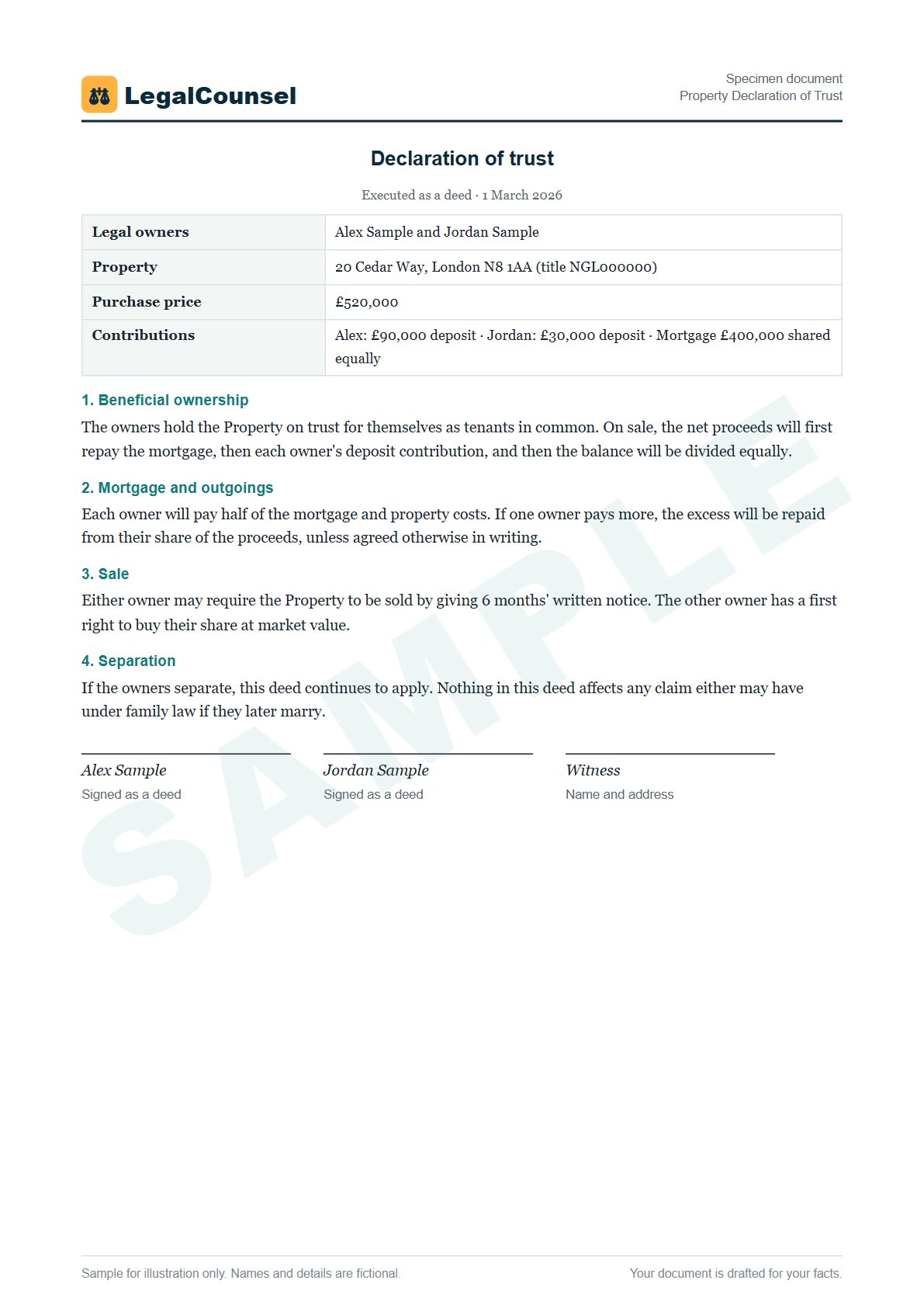 Sample Property Declaration of Trust prepared by our lawyers, with fictional names