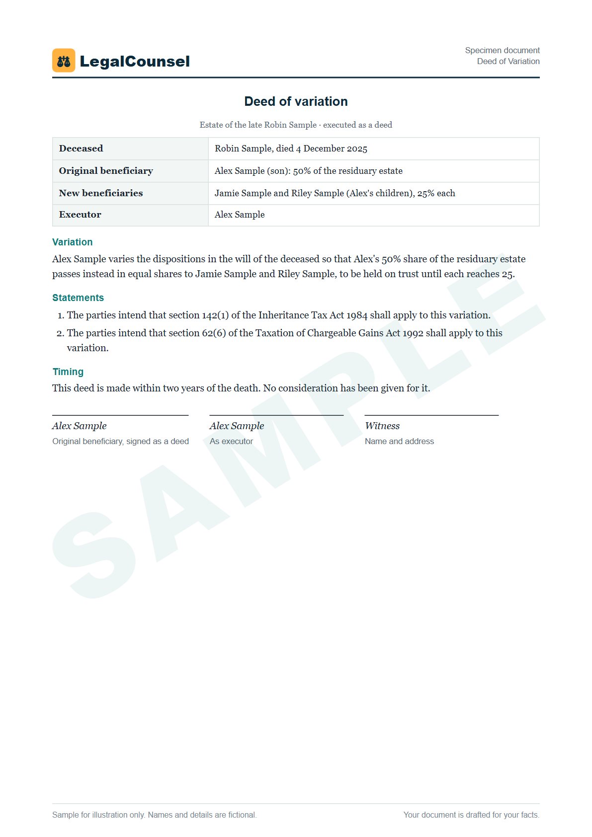 Sample Deed of Variation prepared by our lawyers, with fictional names