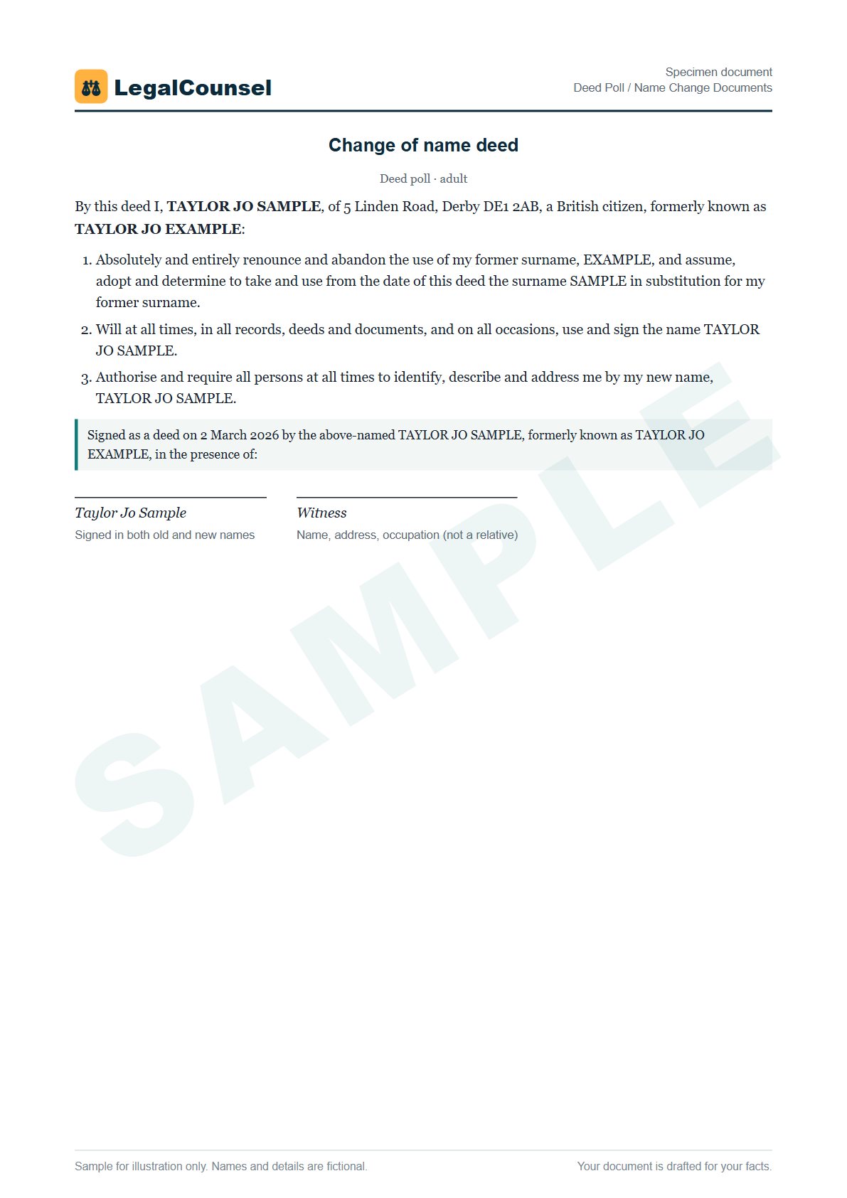 Sample Deed Poll / Name Change Documents prepared by our lawyers, with fictional names