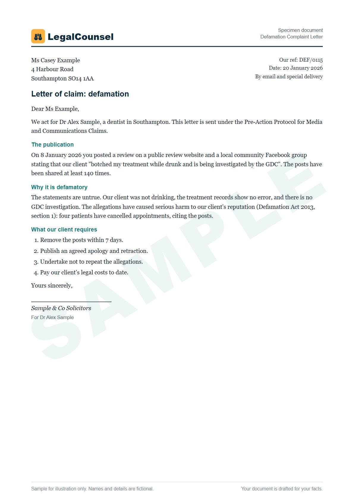 Sample Defamation Complaint Letter prepared by our lawyers, with fictional names