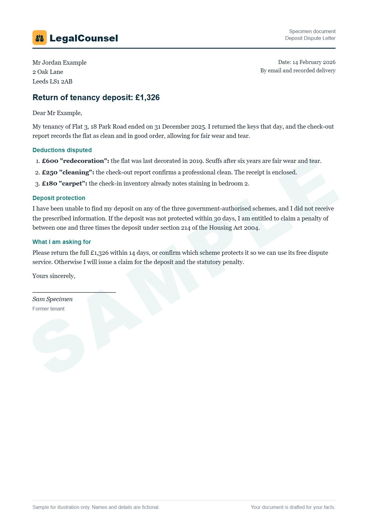 Sample Deposit Dispute Letter prepared by our lawyers, with fictional names
