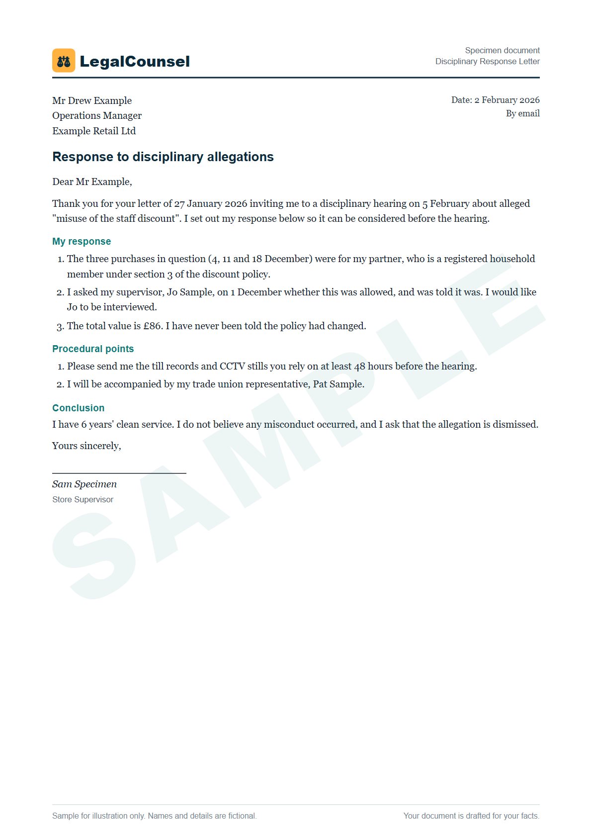 Sample Disciplinary Response Letter prepared by our lawyers, with fictional names