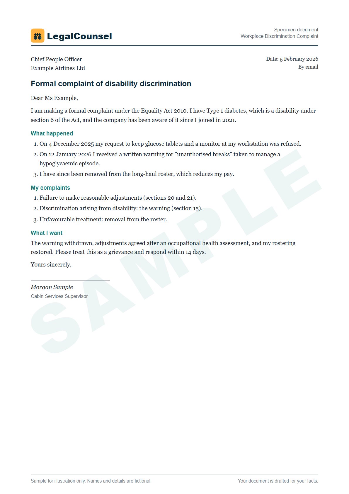 Sample Workplace Discrimination Complaint prepared by our lawyers, with fictional names
