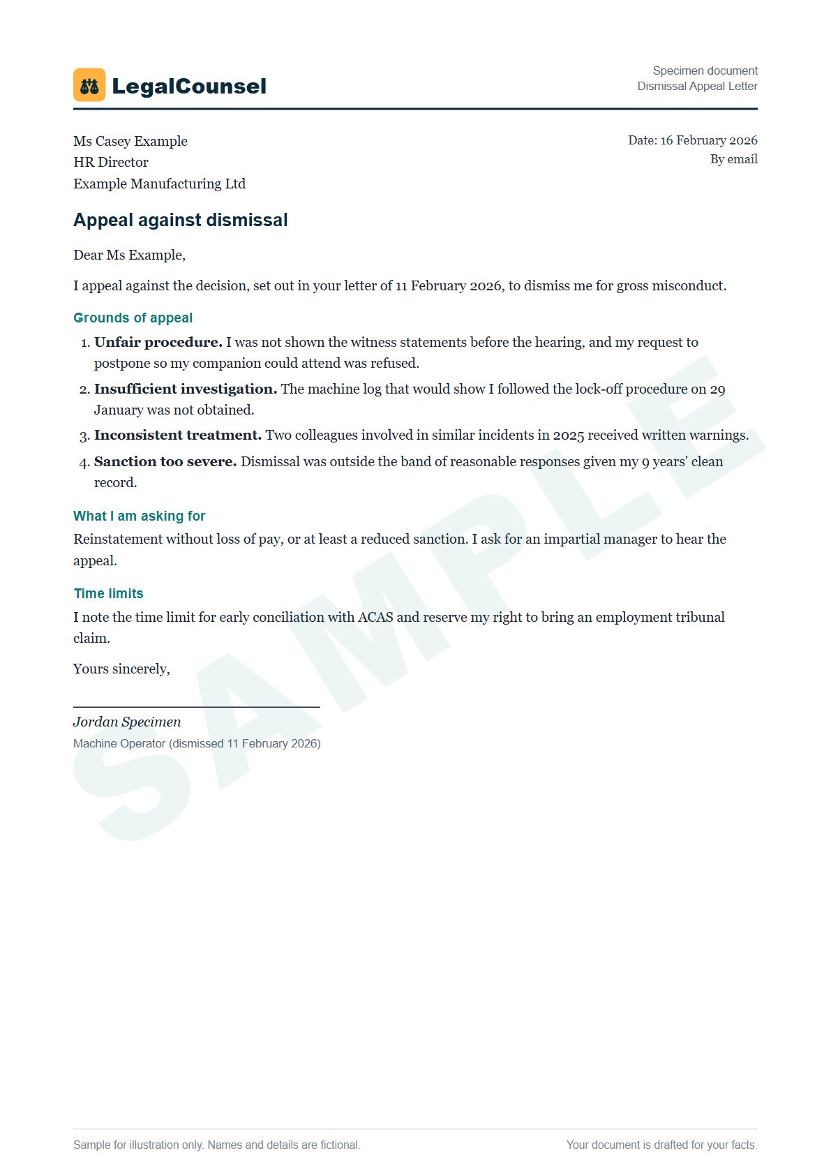 Sample Dismissal Appeal Letter prepared by our lawyers, with fictional names
