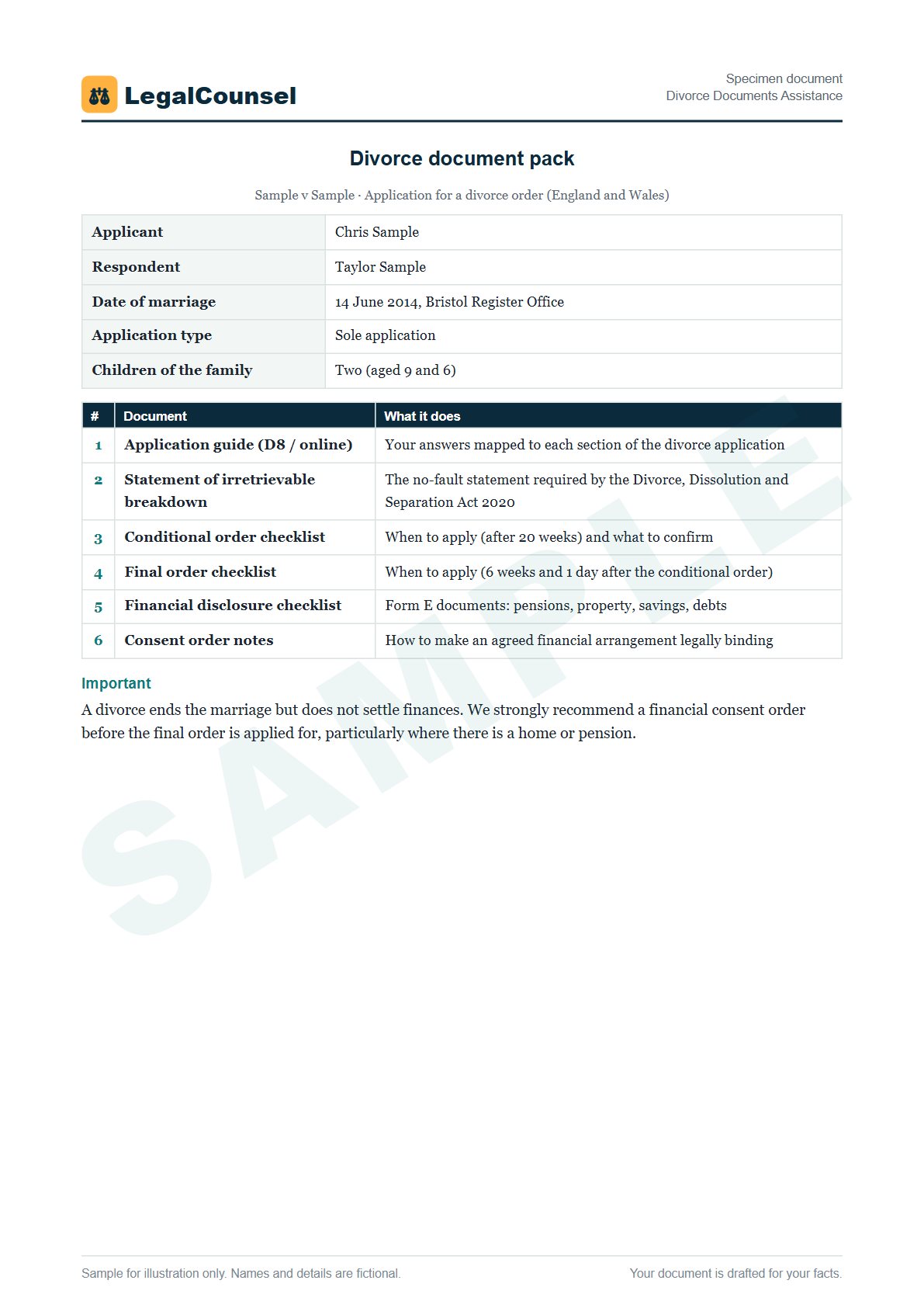 Sample Divorce Documents Assistance prepared by our lawyers, with fictional names