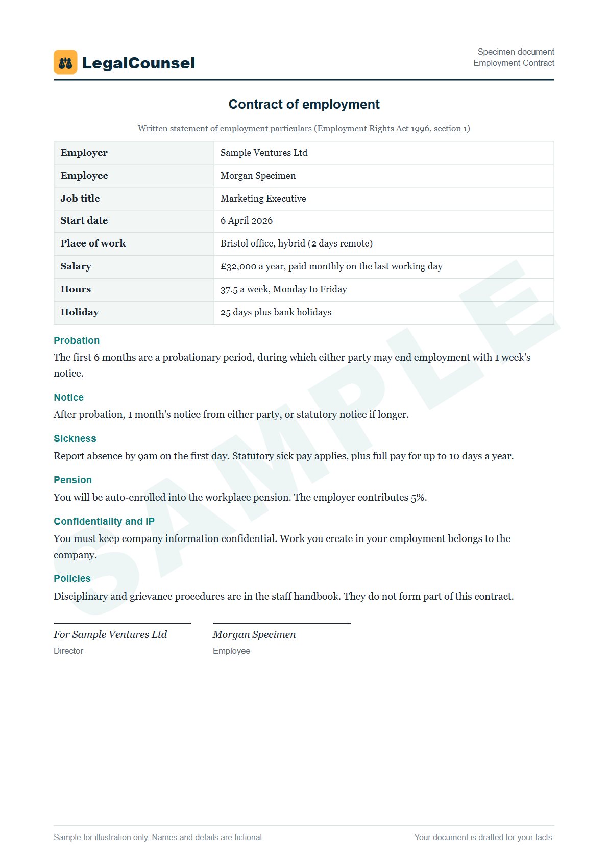 Sample Employment Contract prepared by our lawyers, with fictional names