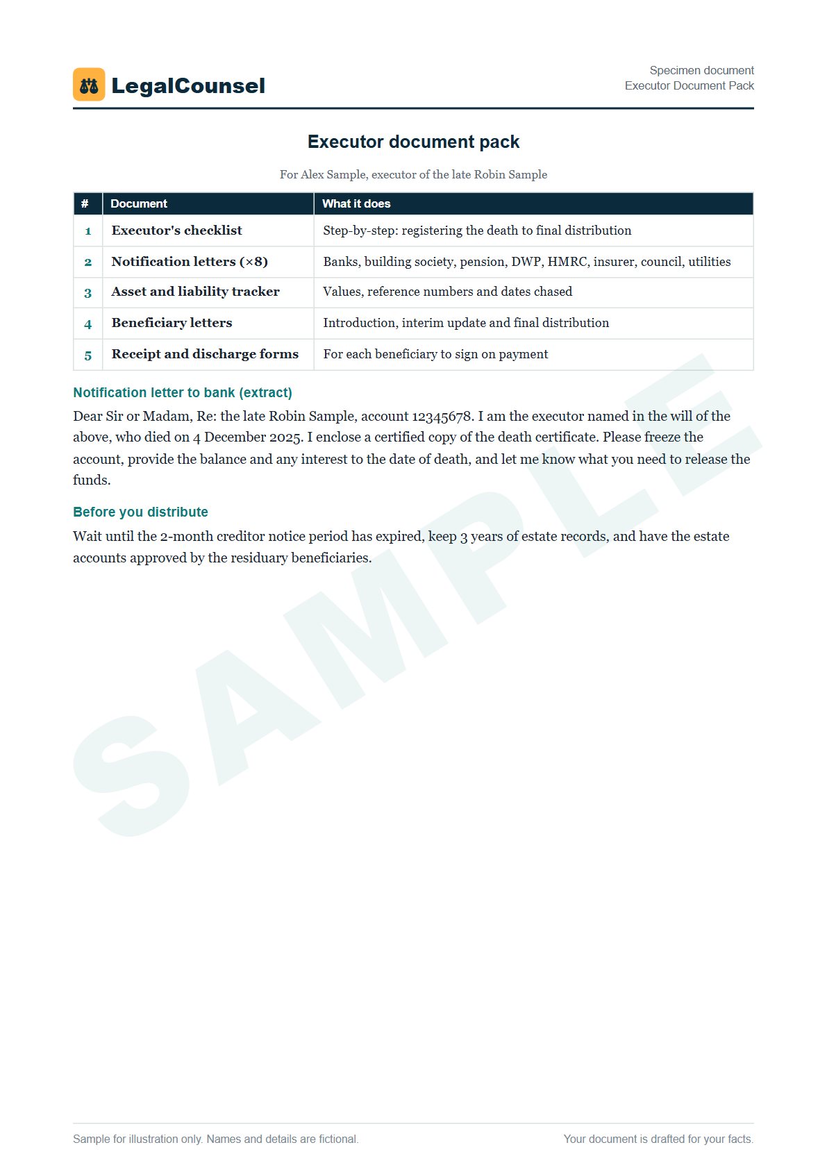 Sample Executor Document Pack prepared by our lawyers, with fictional names