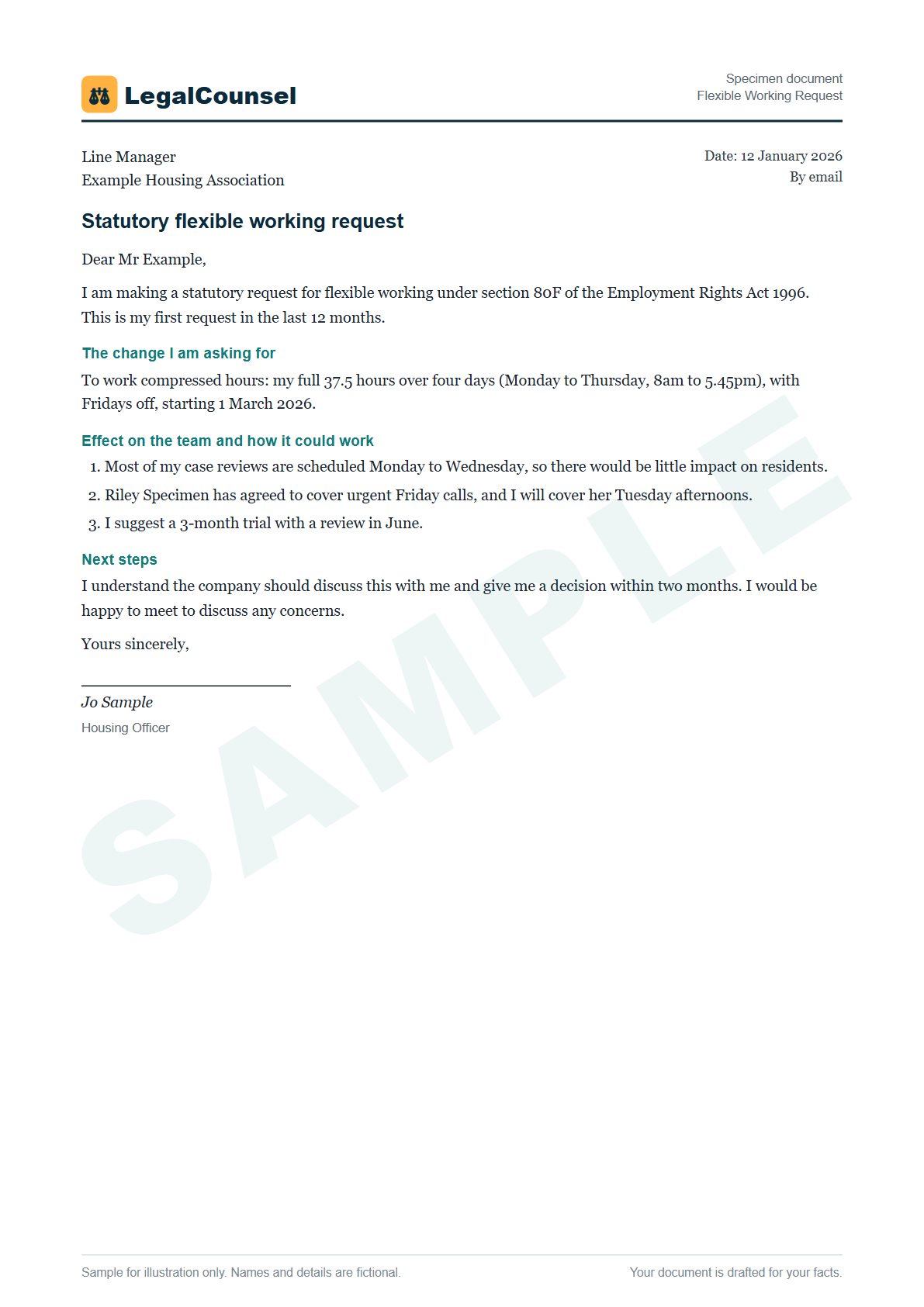 Sample Flexible Working Request prepared by our lawyers, with fictional names