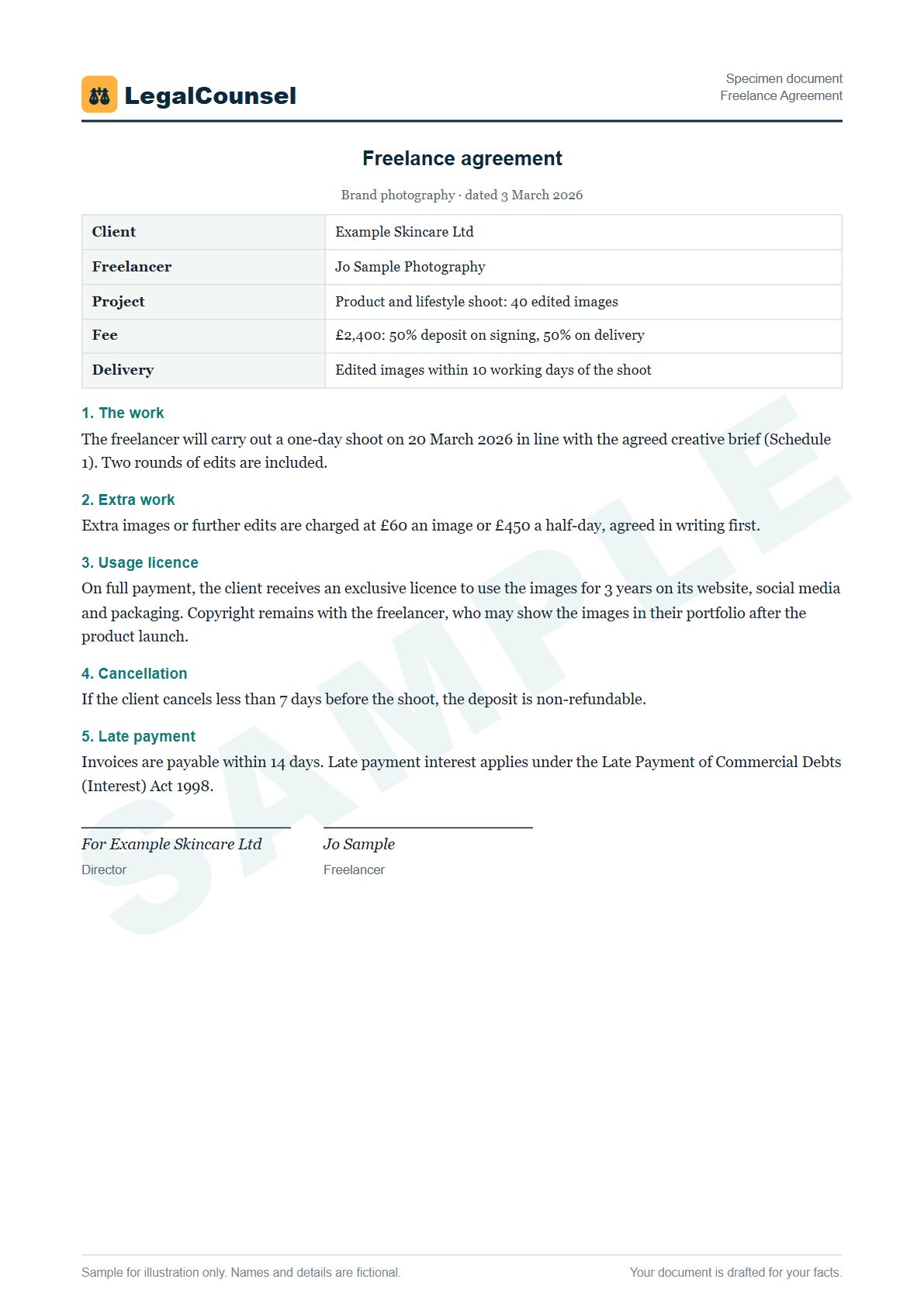Sample Freelance Agreement prepared by our lawyers, with fictional names