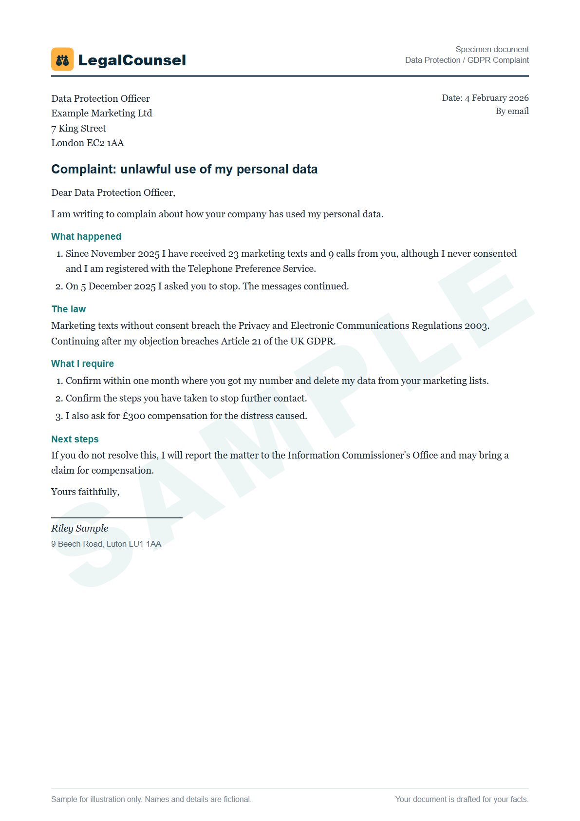 Sample Data Protection / GDPR Complaint prepared by our lawyers, with fictional names