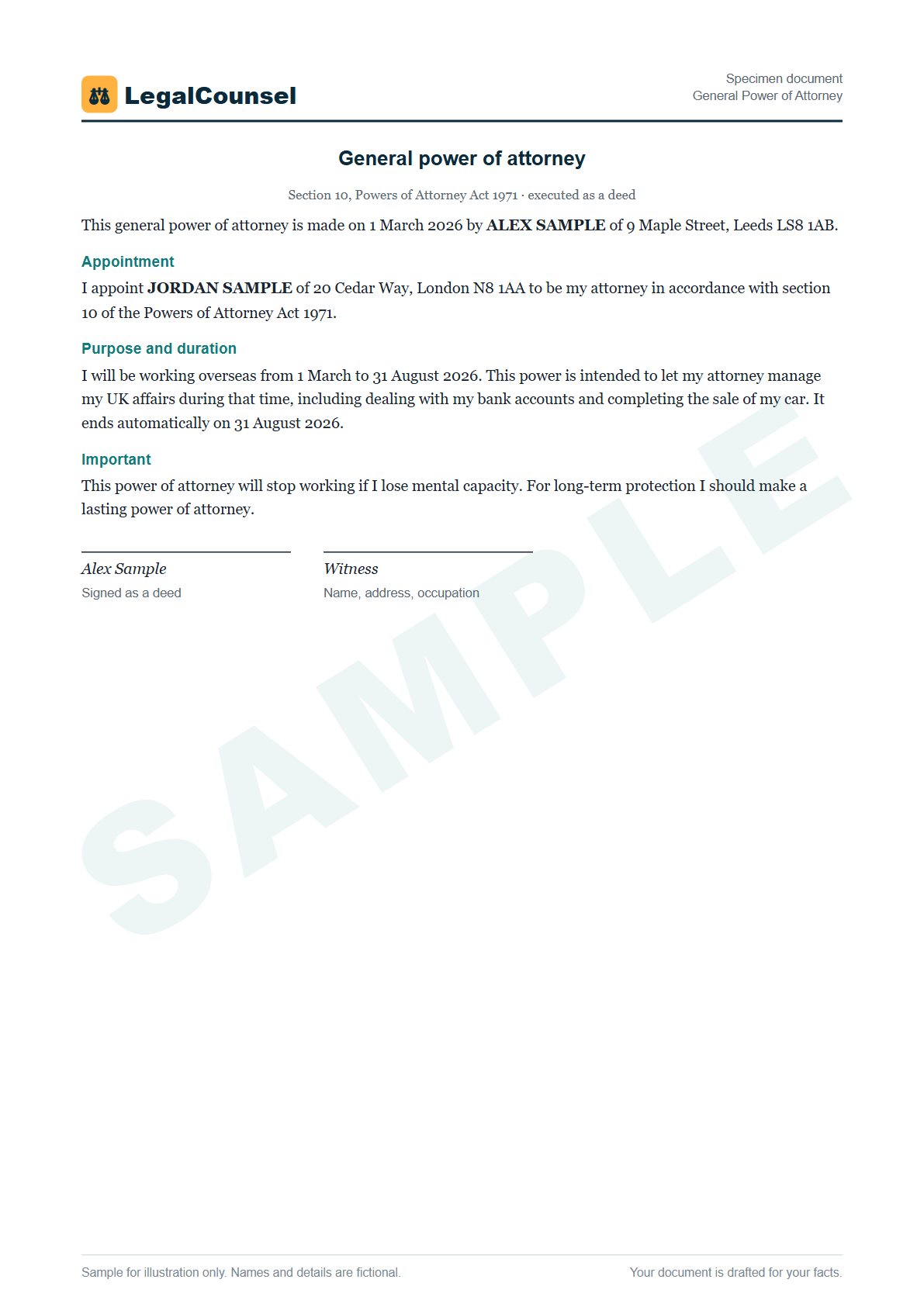 Sample General Power of Attorney prepared by our lawyers, with fictional names
