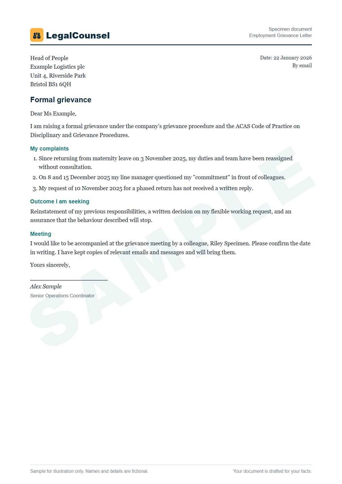 Sample Employment Grievance Letter prepared by our lawyers, with fictional names