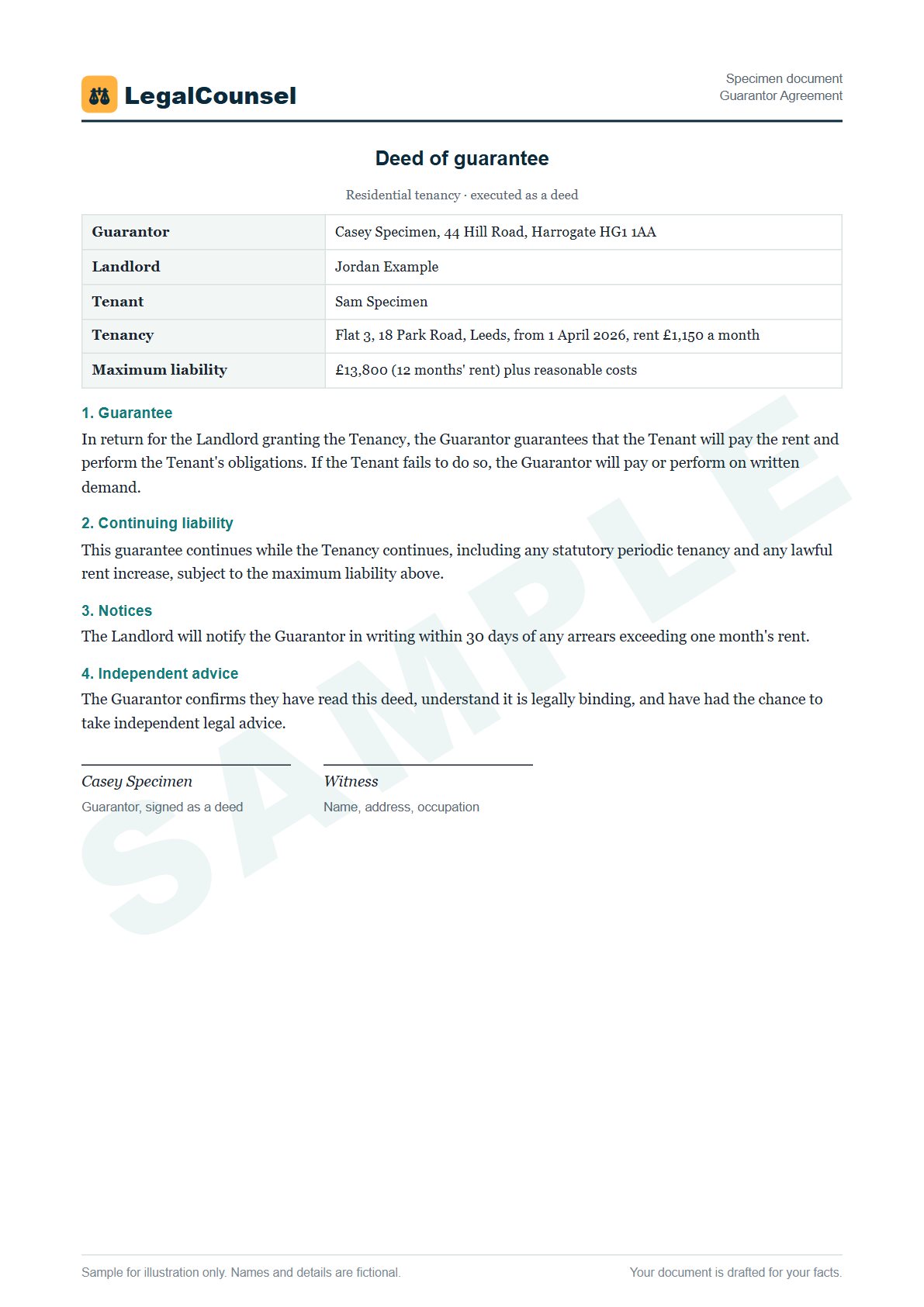 Sample Guarantor Agreement prepared by our lawyers, with fictional names