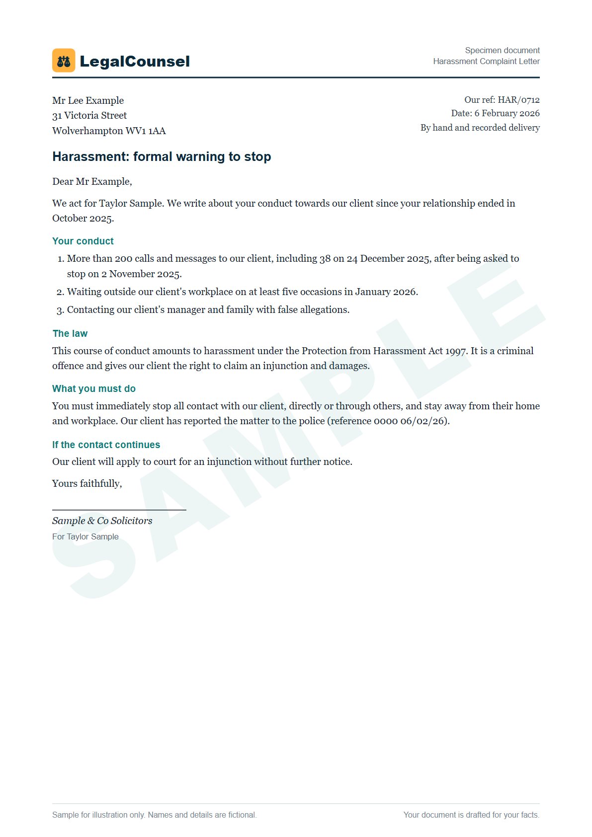 Sample Harassment Complaint Letter prepared by our lawyers, with fictional names
