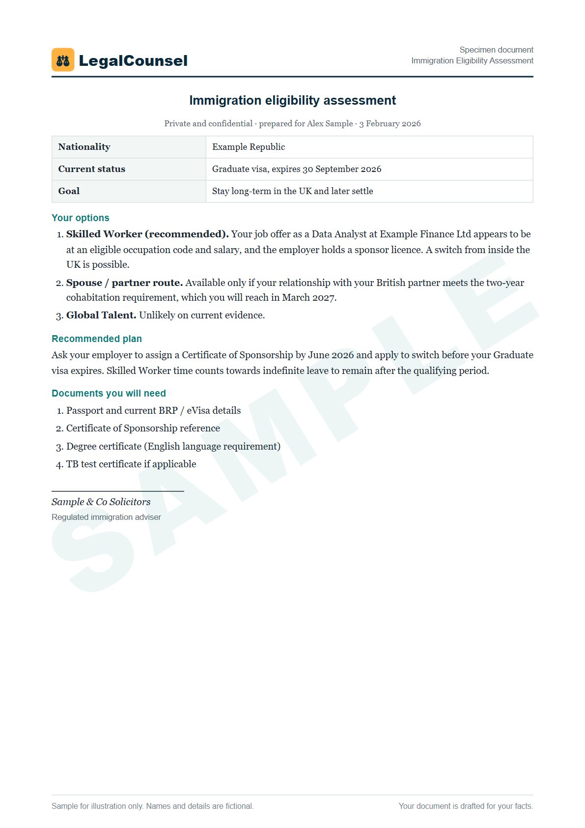 Sample Immigration Eligibility Assessment prepared by our lawyers, with fictional names