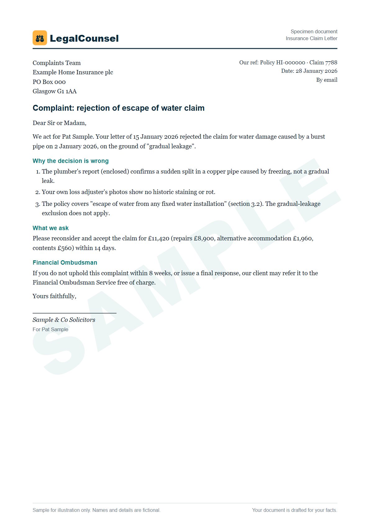 Sample Insurance Claim Letter prepared by our lawyers, with fictional names