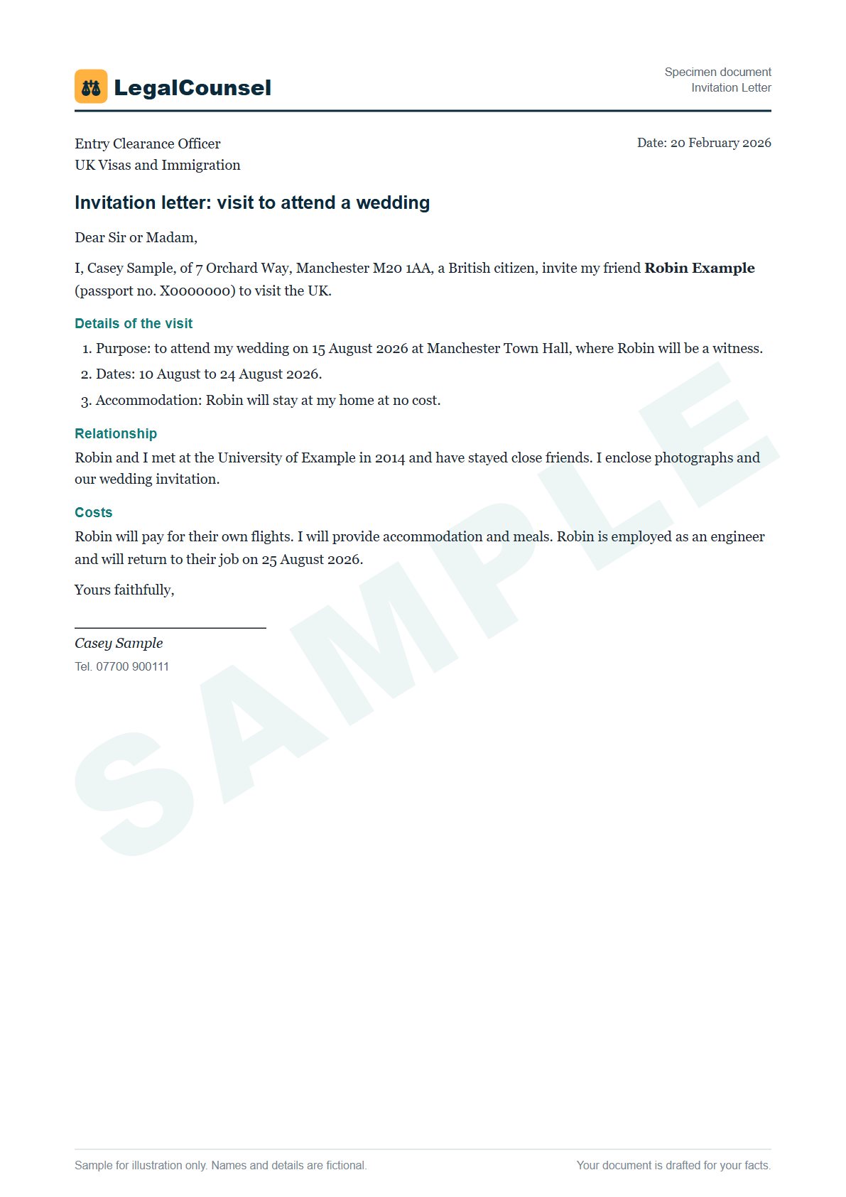 Sample Invitation Letter prepared by our lawyers, with fictional names