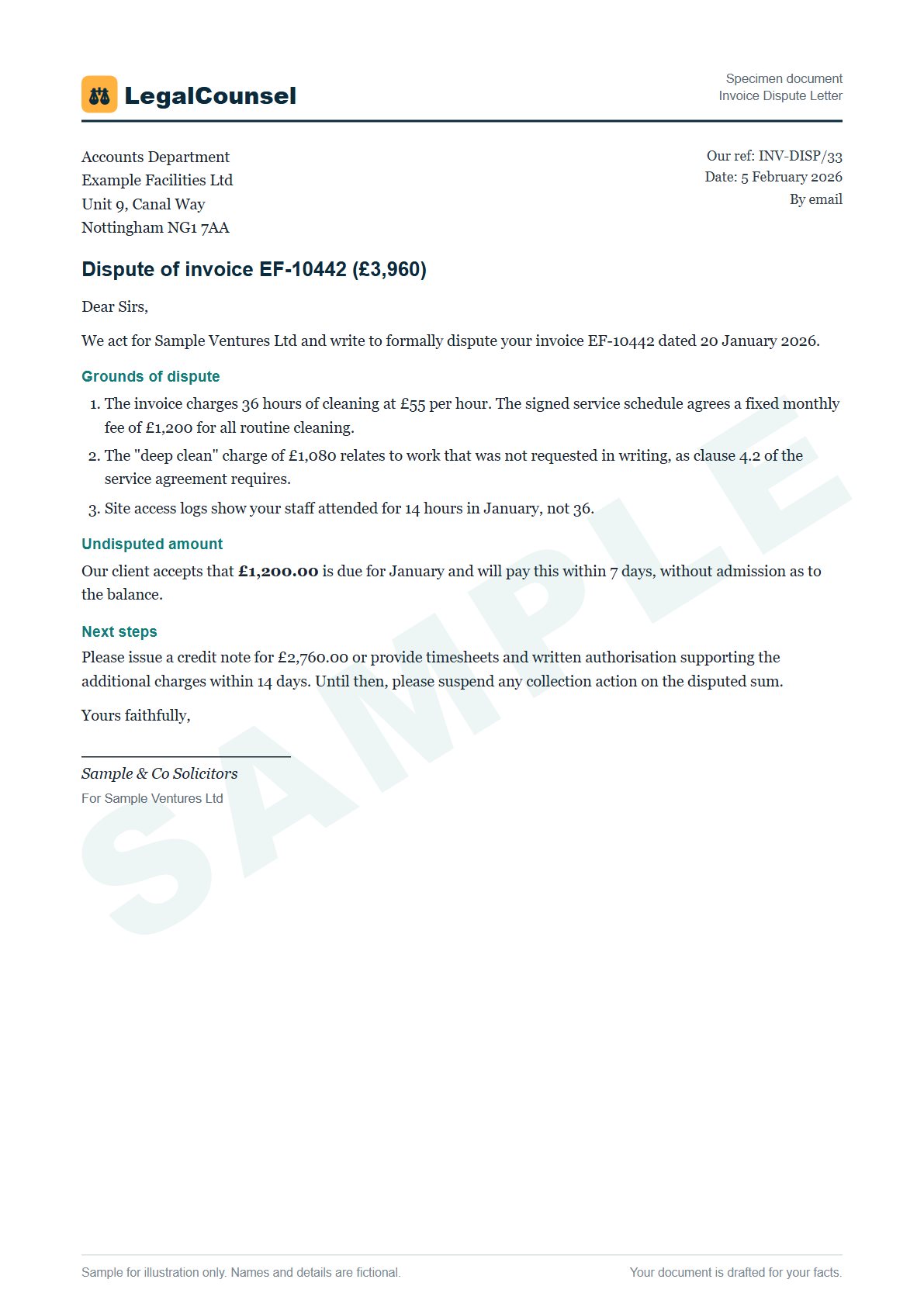 Sample Invoice Dispute Letter prepared by our lawyers, with fictional names