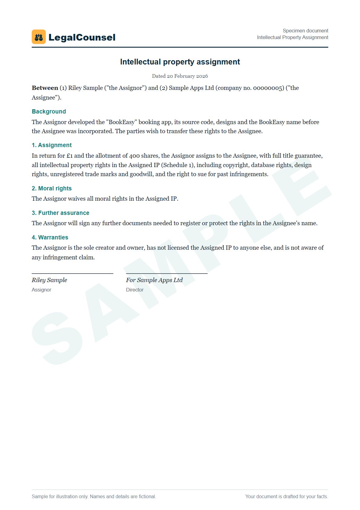 Sample Intellectual Property Assignment prepared by our lawyers, with fictional names