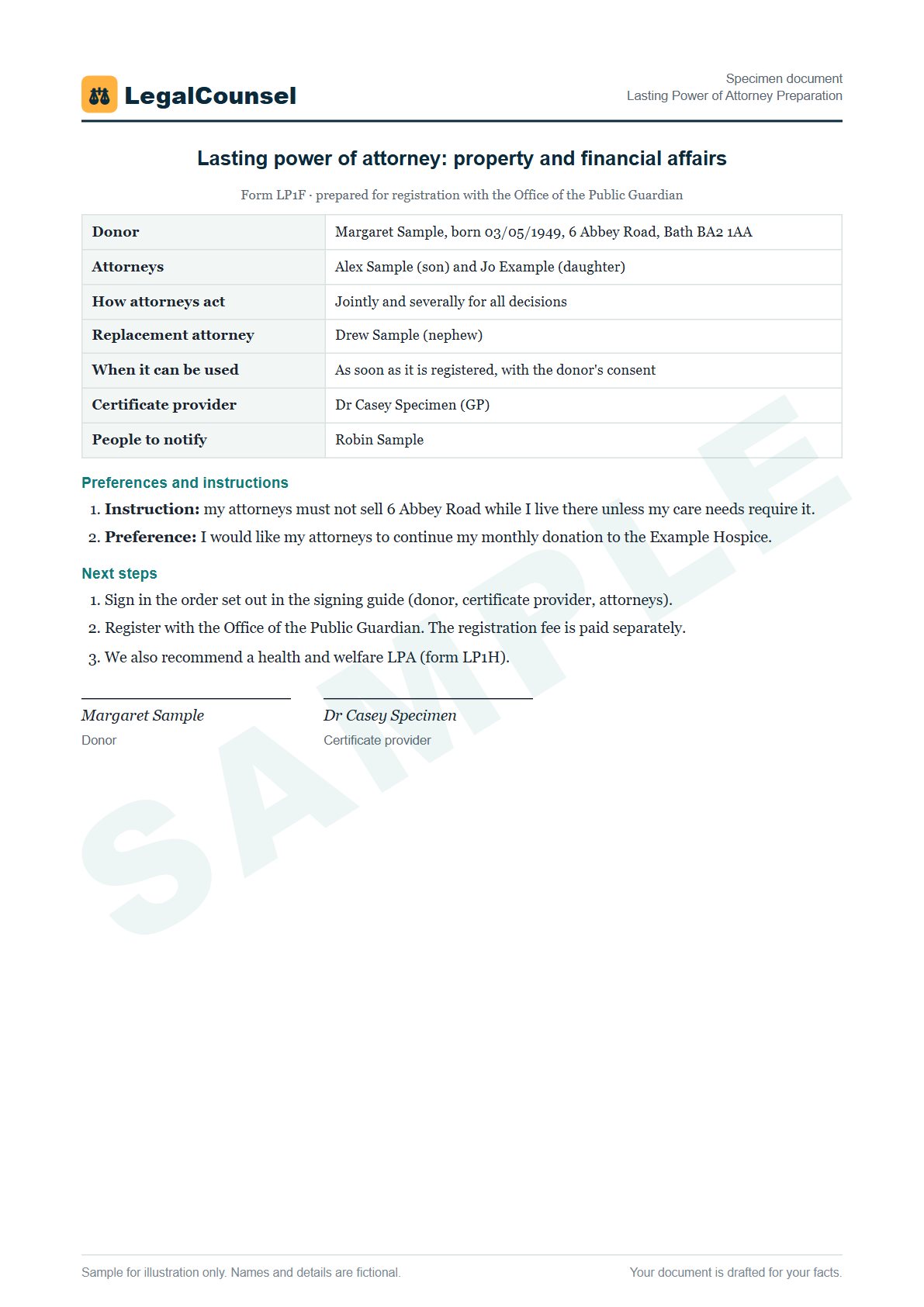 Sample Lasting Power of Attorney Preparation prepared by our lawyers, with fictional names