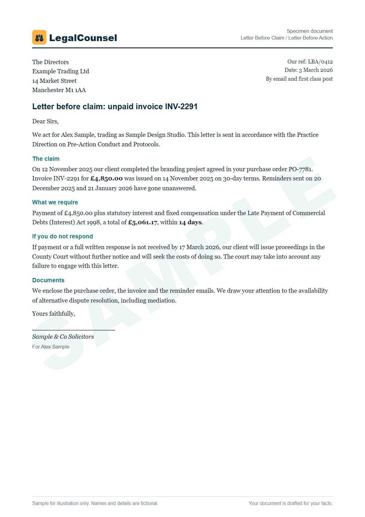 Sample Letter Before Claim / Letter Before Action prepared by our lawyers, with fictional names