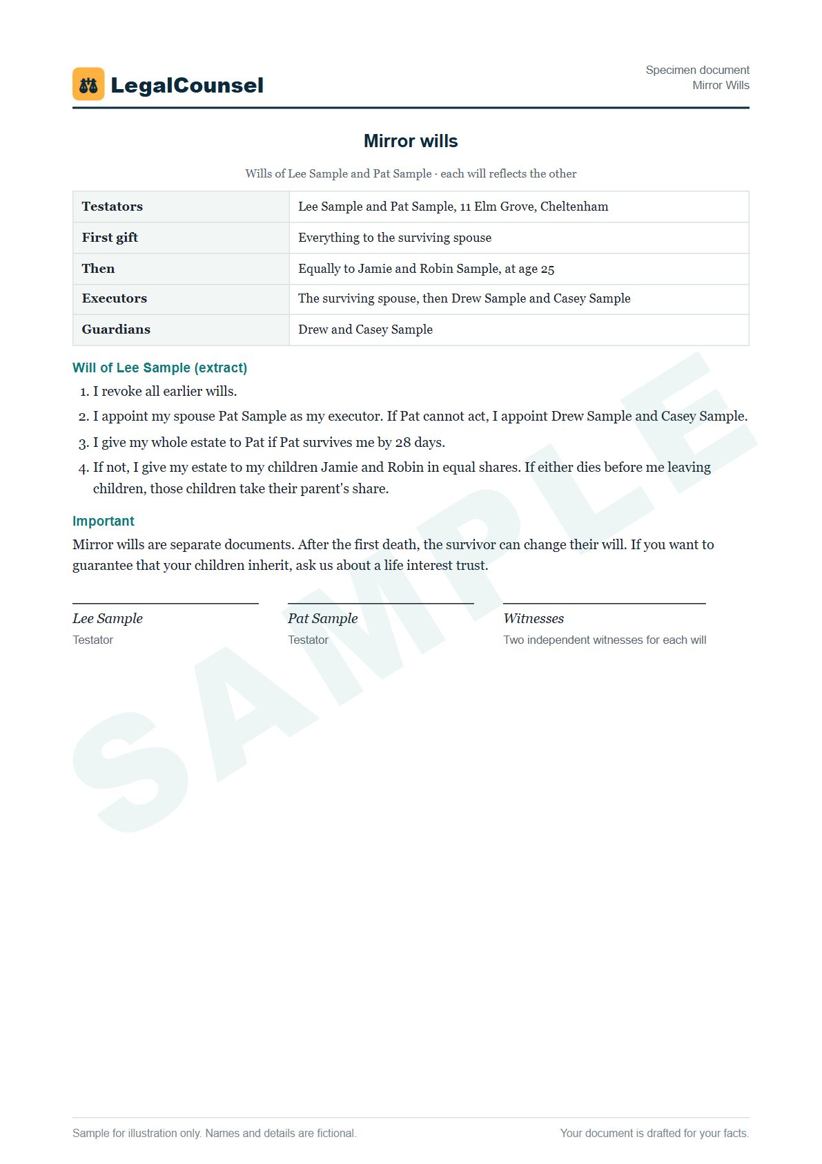 Sample Mirror Wills prepared by our lawyers, with fictional names