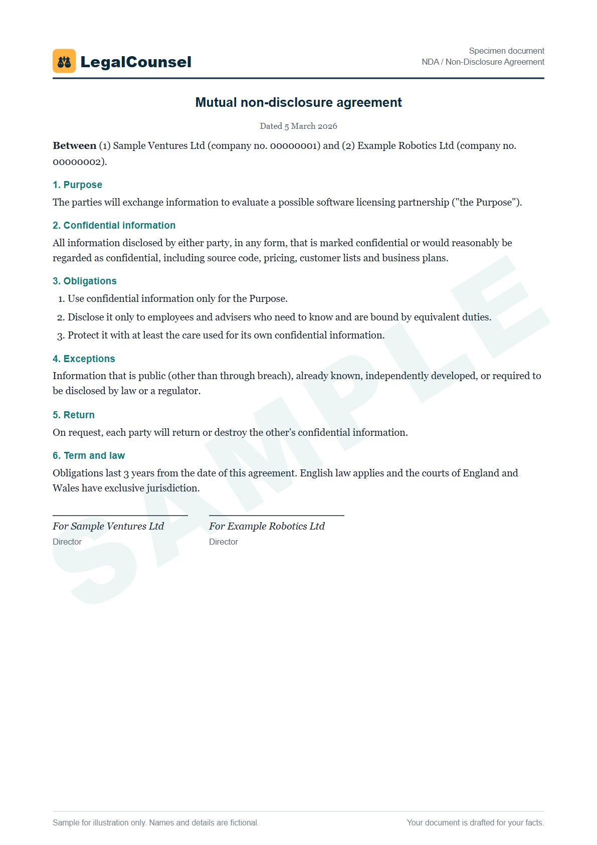 Sample NDA / Non-Disclosure Agreement prepared by our lawyers, with fictional names