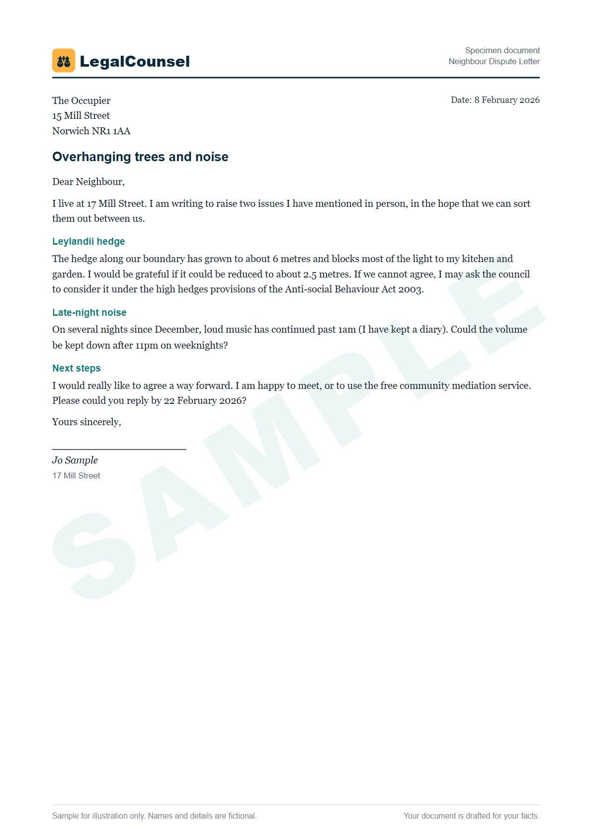 Sample Neighbour Dispute Letter prepared by our lawyers, with fictional names