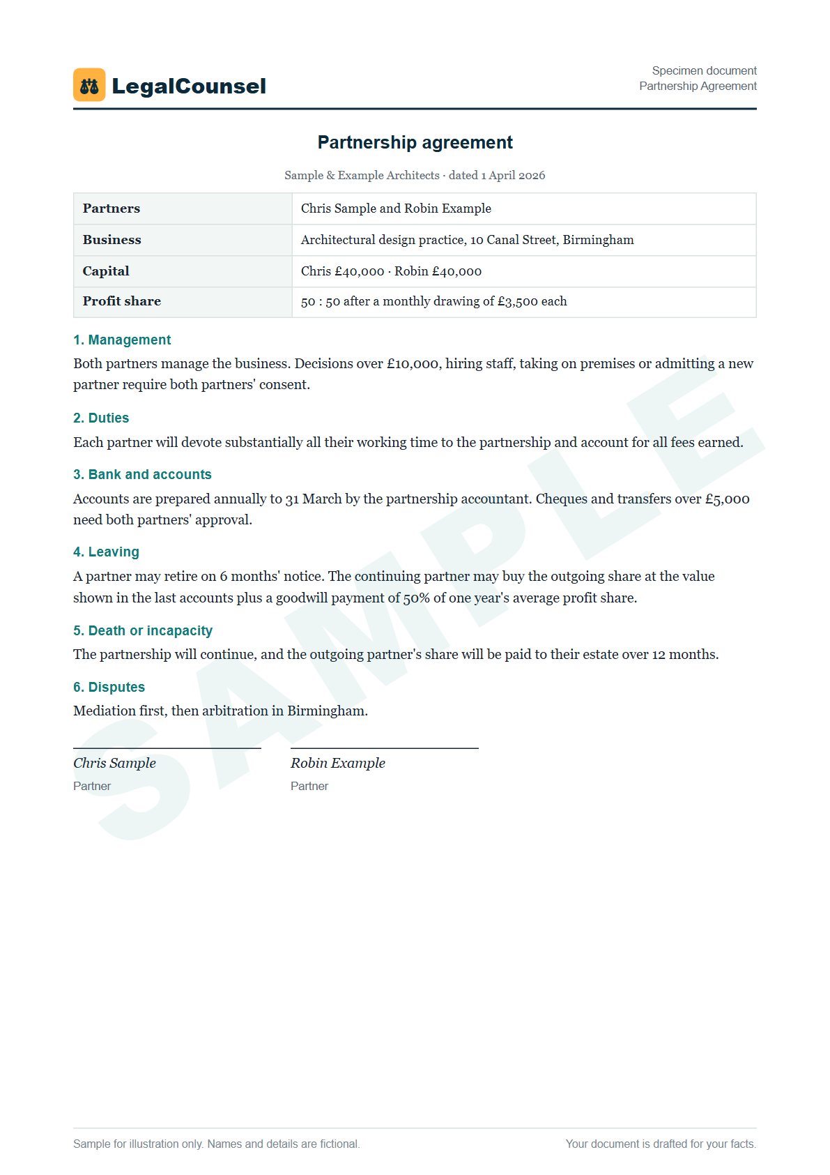 Sample Partnership Agreement prepared by our lawyers, with fictional names