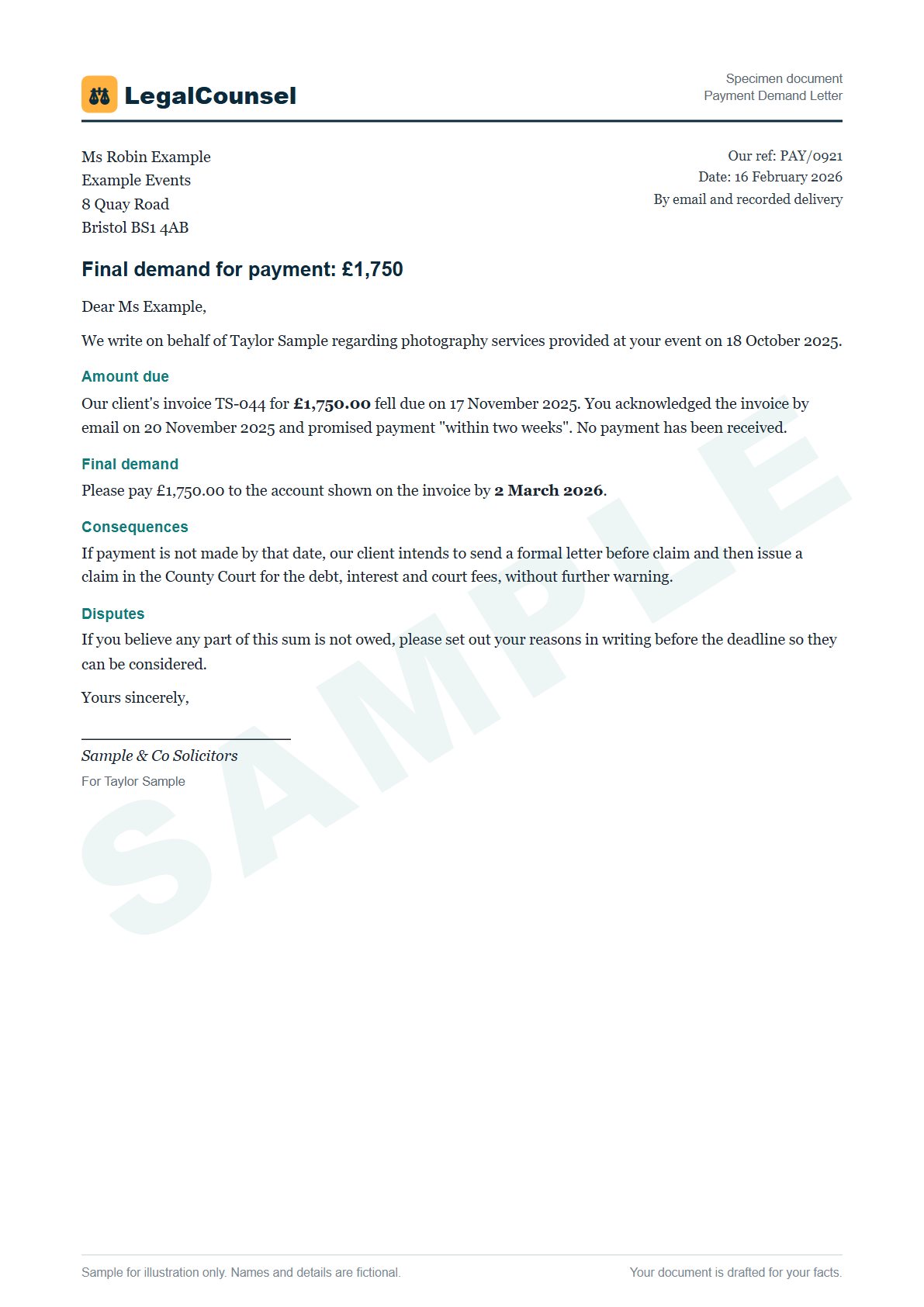 Sample Payment Demand Letter prepared by our lawyers, with fictional names