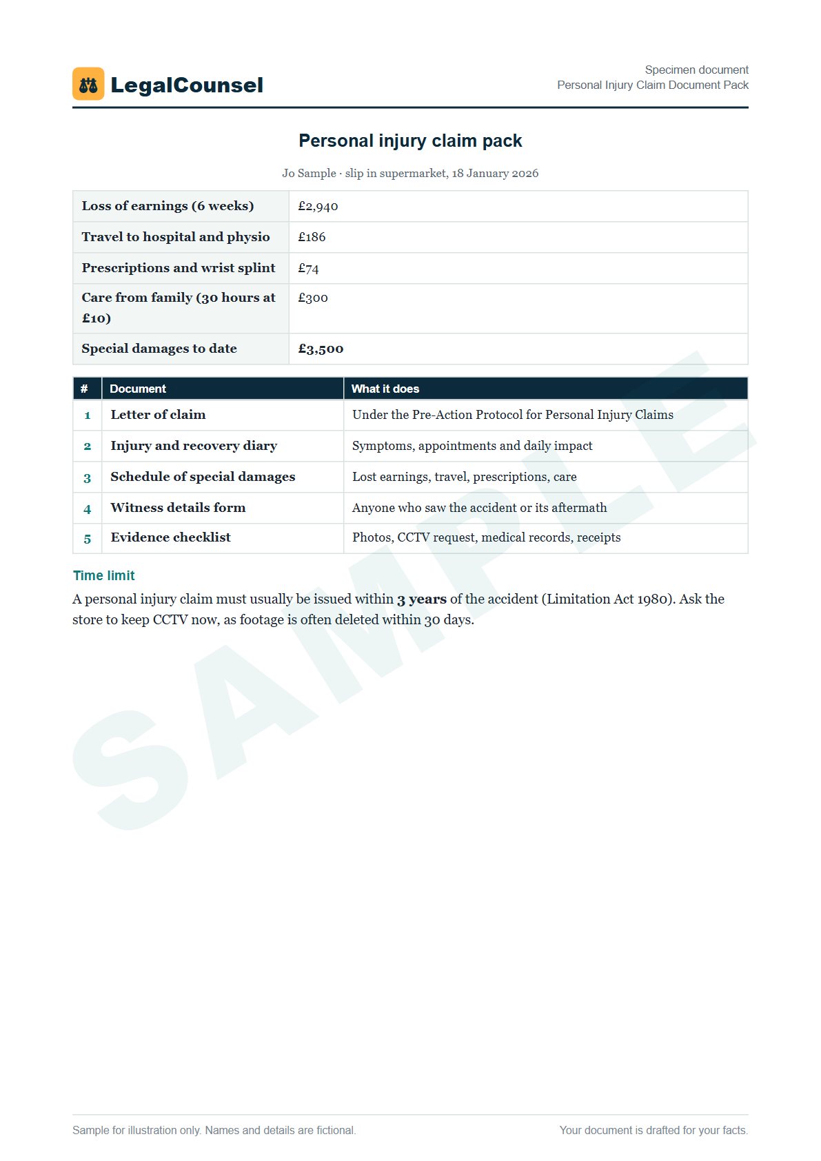 Sample Personal Injury Claim Document Pack prepared by our lawyers, with fictional names