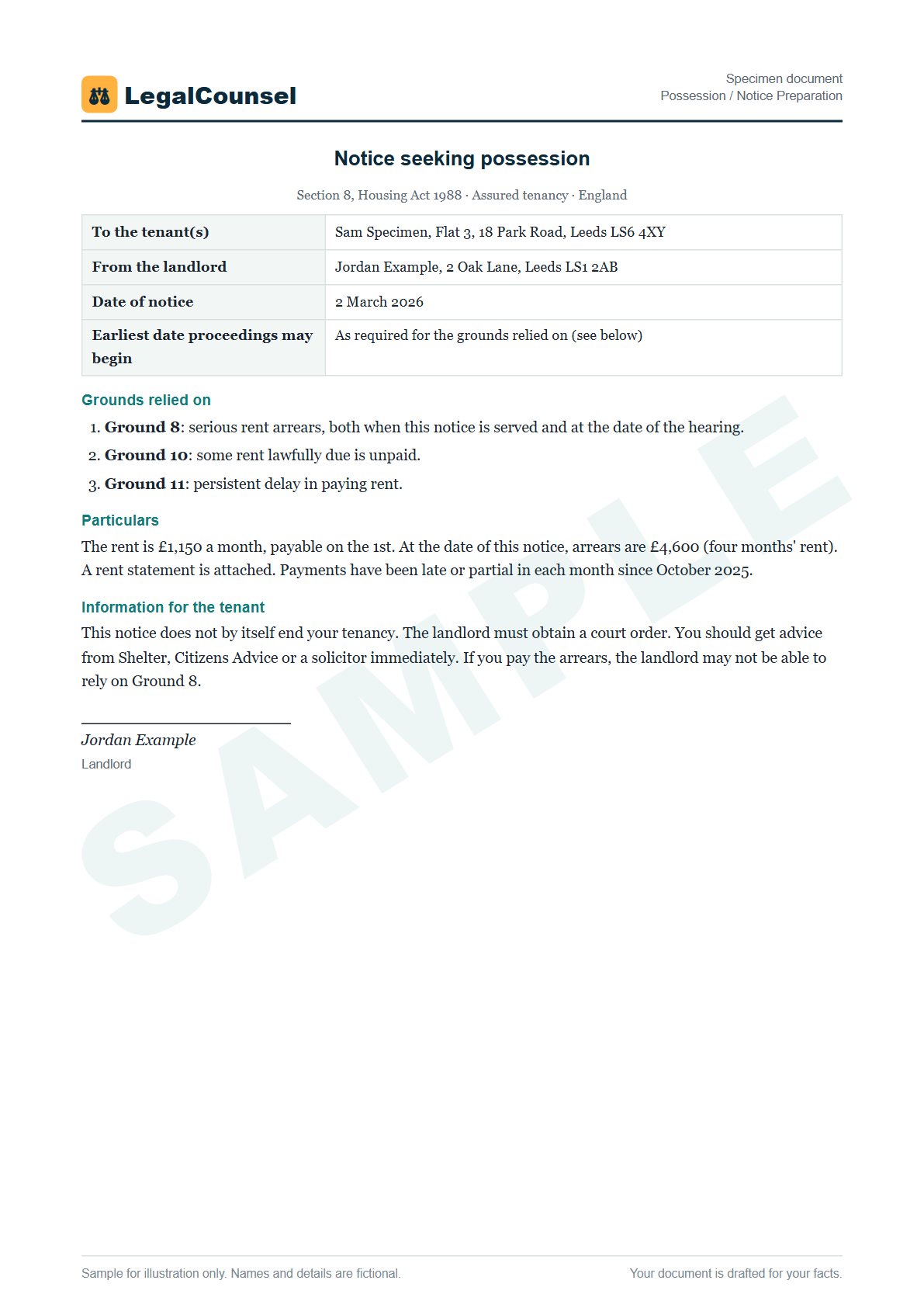 Sample Possession / Notice Preparation prepared by our lawyers, with fictional names