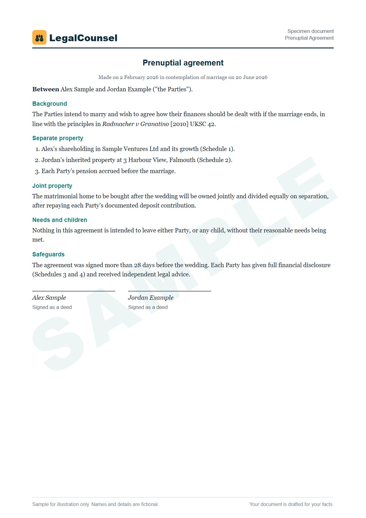 Sample Prenuptial Agreement prepared by our lawyers, with fictional names