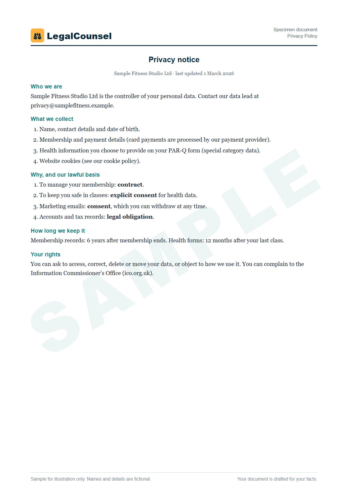 Sample Privacy Policy prepared by our lawyers, with fictional names