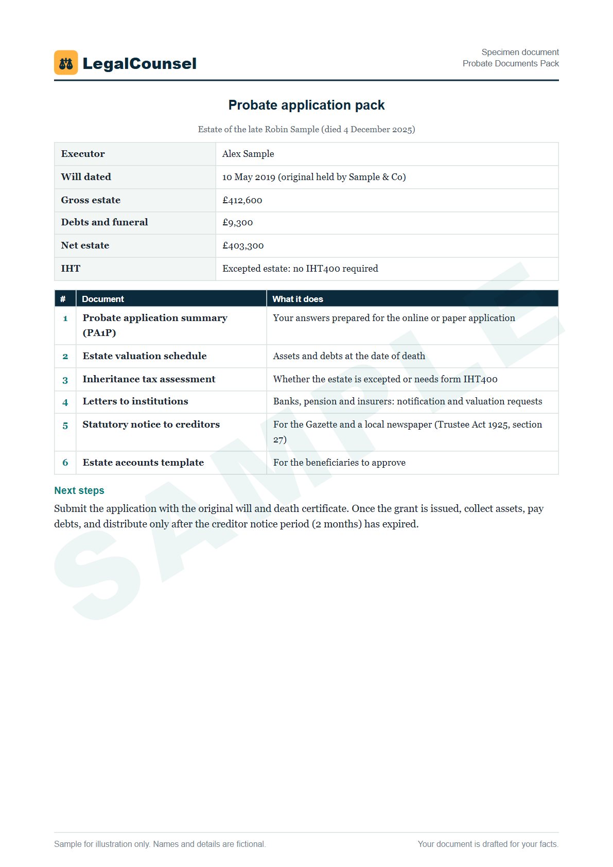 Sample Probate Documents Pack prepared by our lawyers, with fictional names