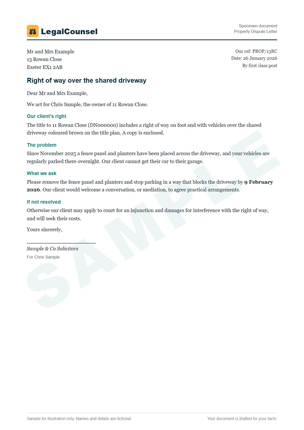 Sample Property Dispute Letter prepared by our lawyers, with fictional names