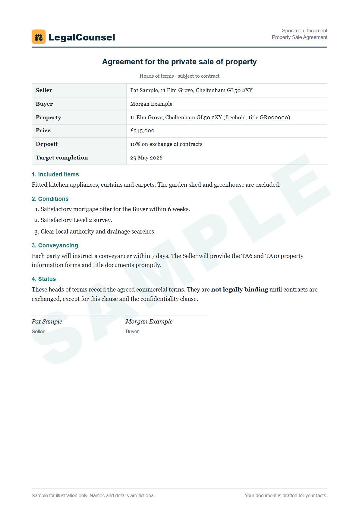 Sample Property Sale Agreement prepared by our lawyers, with fictional names