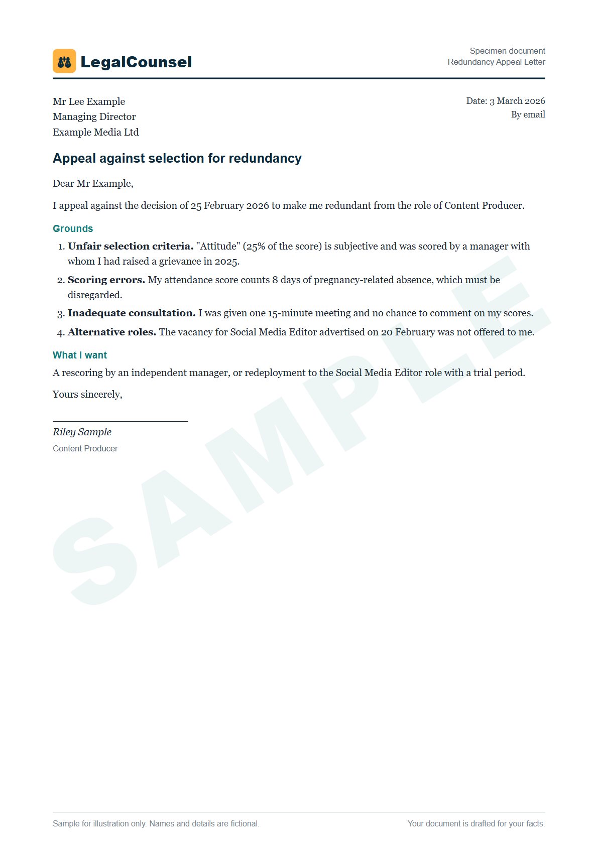 Sample Redundancy Appeal Letter prepared by our lawyers, with fictional names