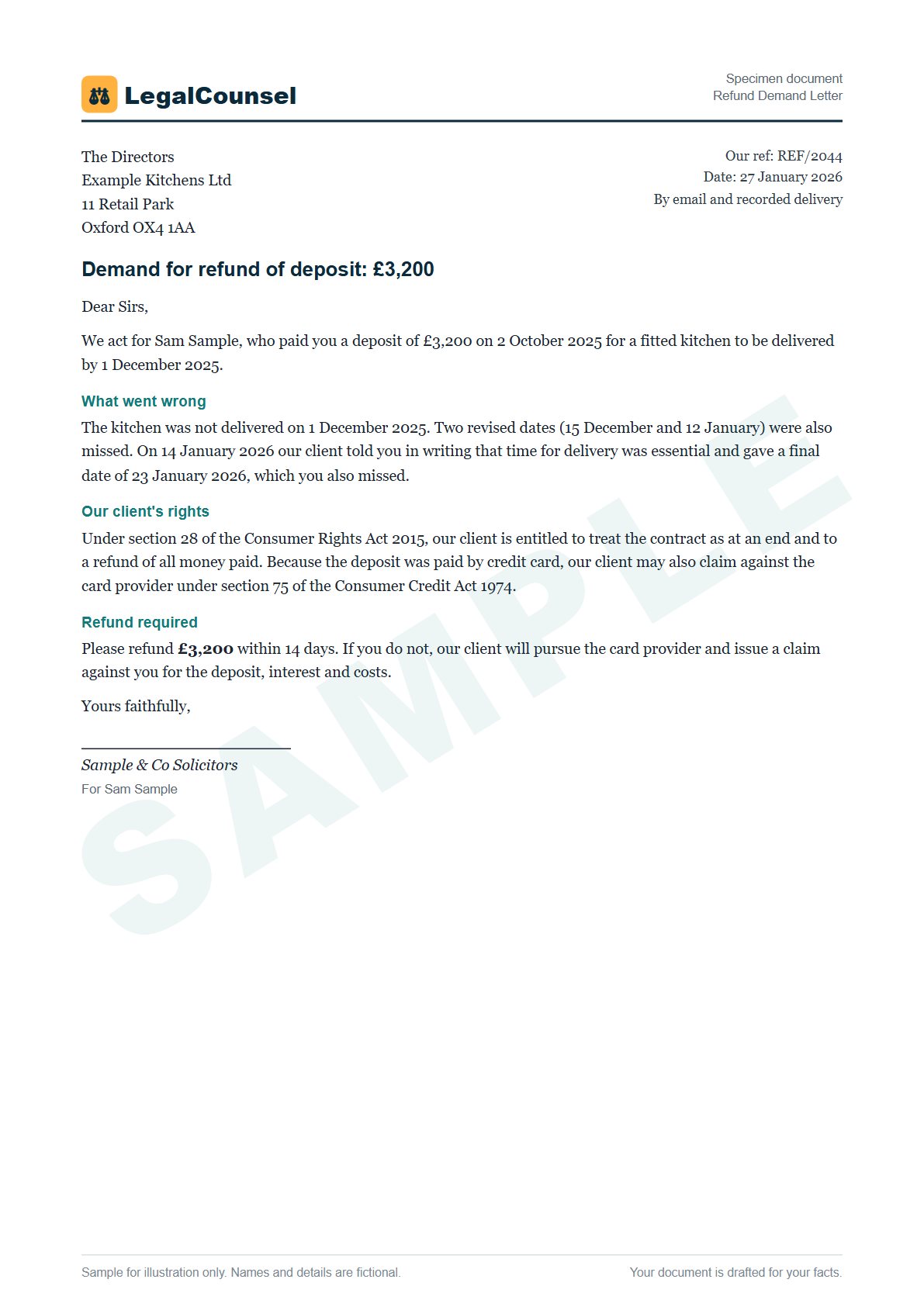 Sample Refund Demand Letter prepared by our lawyers, with fictional names